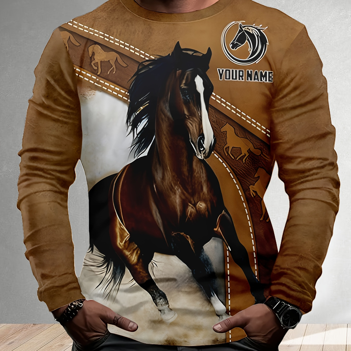 

T-shirt à manches longues pour hommes avec un imprimé de cheval imprimé avec un motif de cheval de dessin , polyvalent pour les décontractés et les cool, adapté pour à manches longues