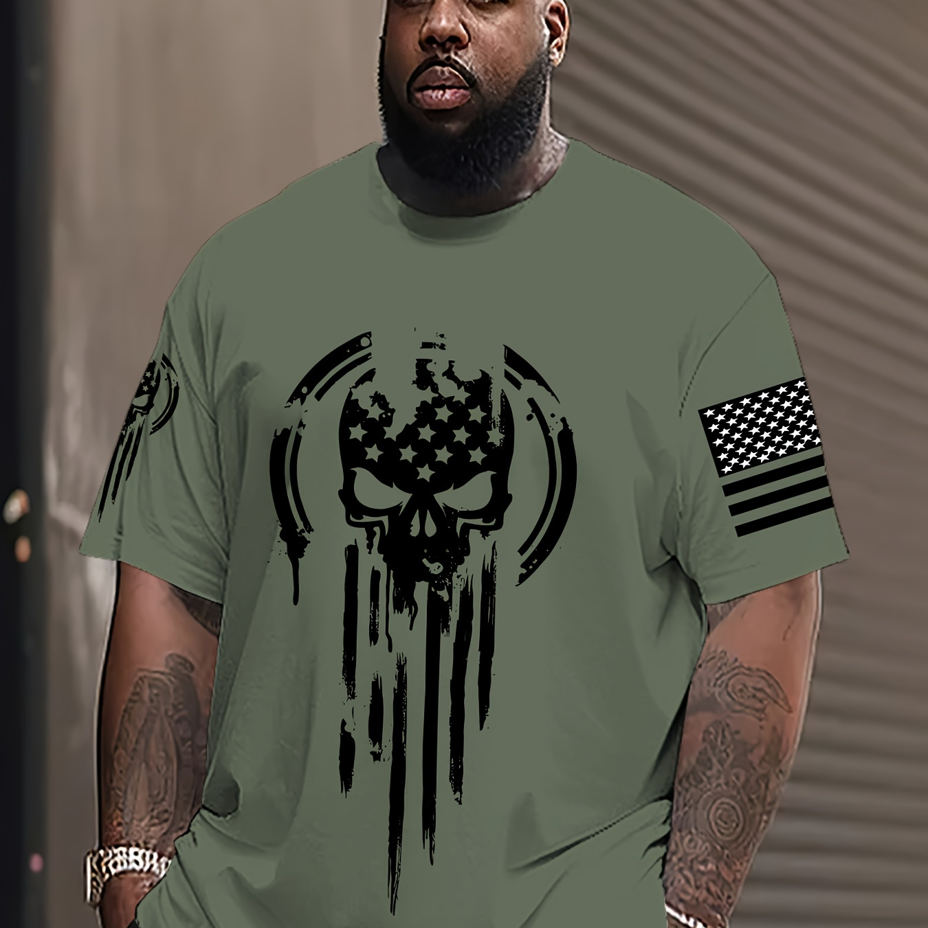 

Men's 3d American Warrior Skull Military Print T-shirt, Casual Sports Round Neck T-shirt, Polyester Knitted Fabric, Slightly , Formal Wear For In Summer, Plus Size