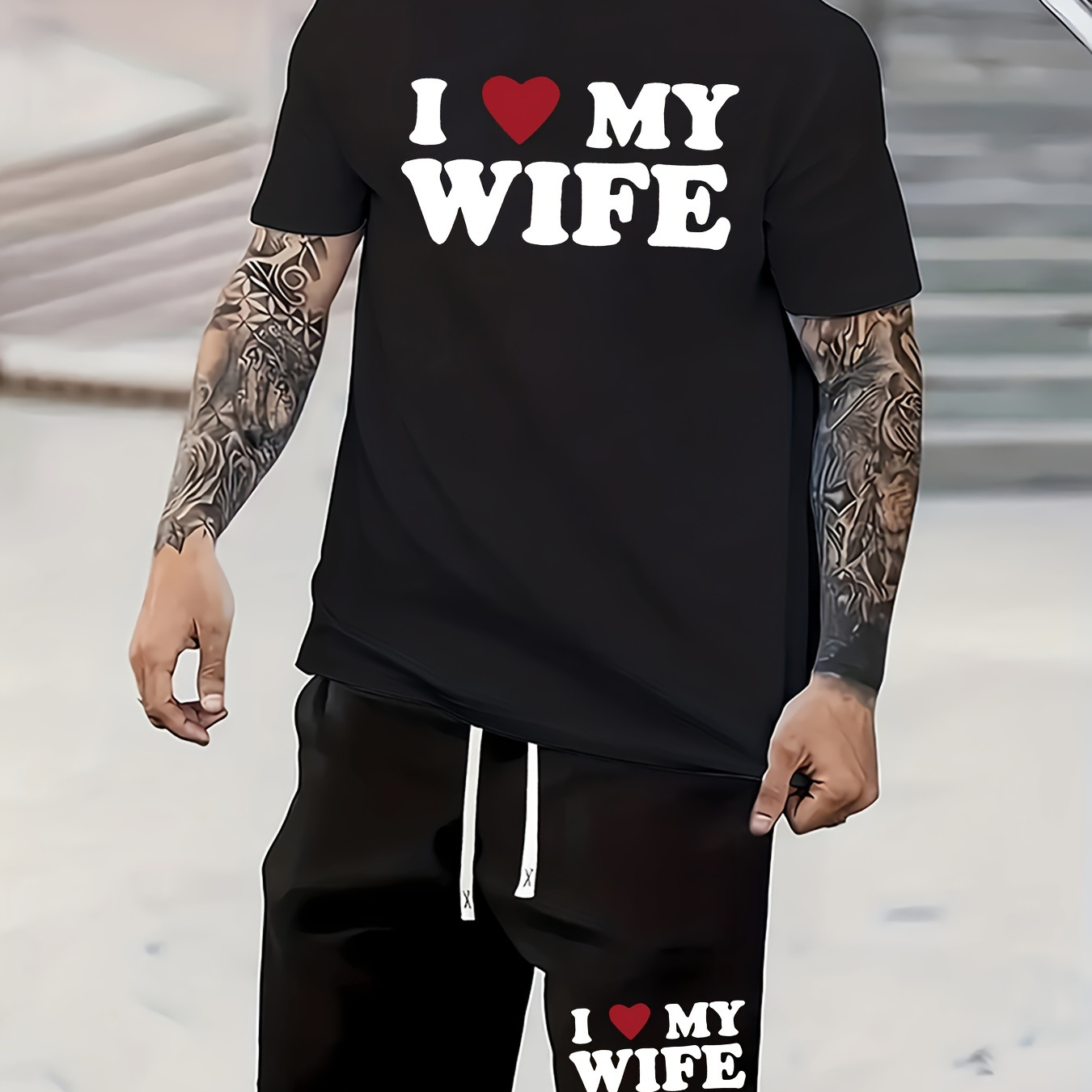 

I Love My Wife Print, Comfortable And Trendy Short Sleeve T-shirt & Simple Shorts Co Ord Set For Men, Breathable And Comfy Summer Clothes, Suitable For Casual Time