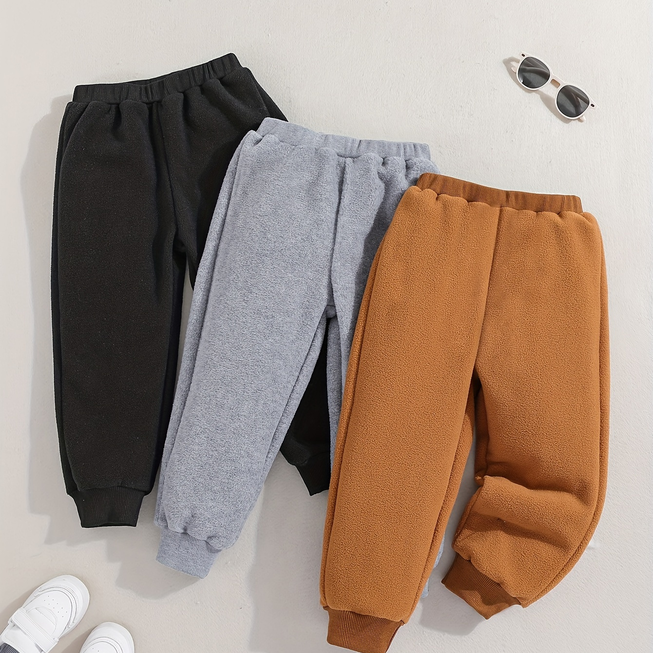 3pcs Kid's Warm Fleece Casual Pants, Elastic Waist Trousers, Boy's Clothes For Fall Winter