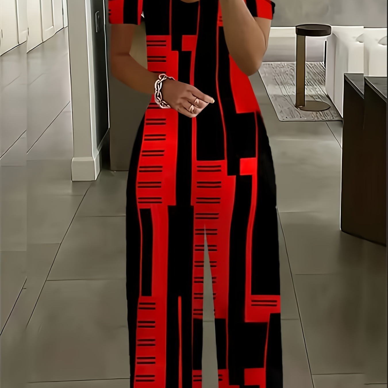 

Plus Size Geometric Print Straight Leg Jumpsuit, Casual Cold Shoulder Short Sleeve Jumpsuit, Women's Plus Size Clothing