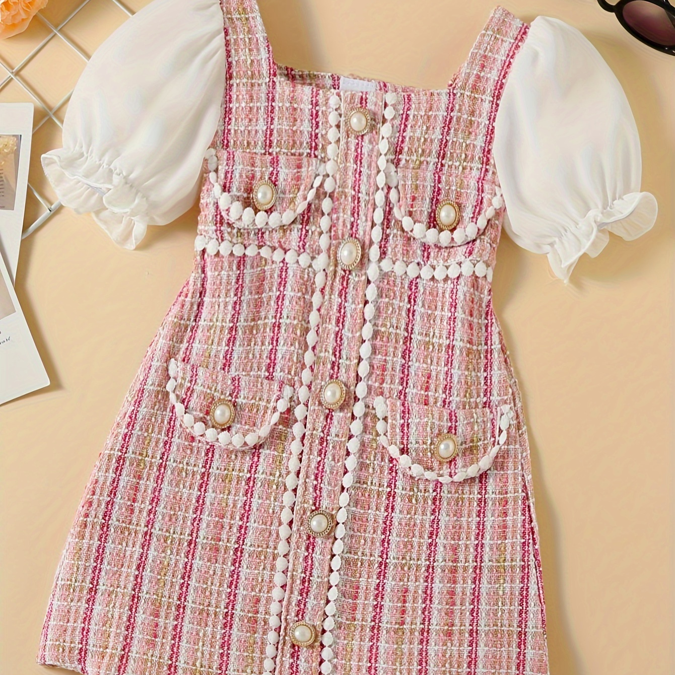 

Elegant Splicing Dress Pocket Design Girls Square Neck Pull Sleeve Casual & Sweet Dress For Party Birthday