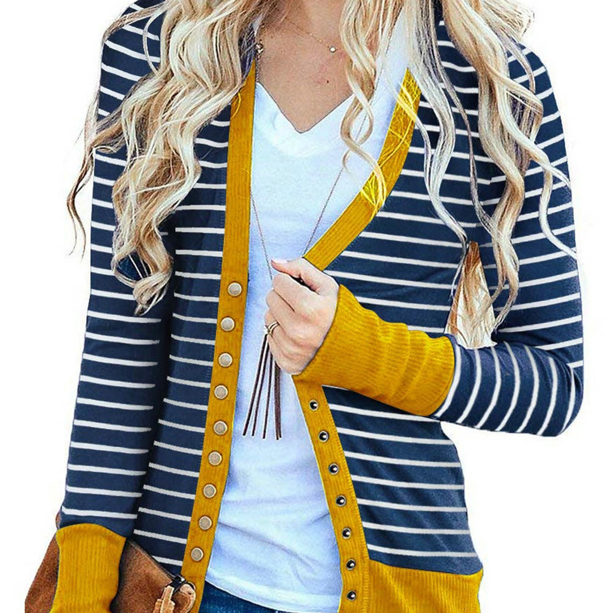 

Striped Pattern Contrast Trim Cardigan, Casual Snap Button Long Sleeve Cardigan For Spring & Fall, Women's Clothing