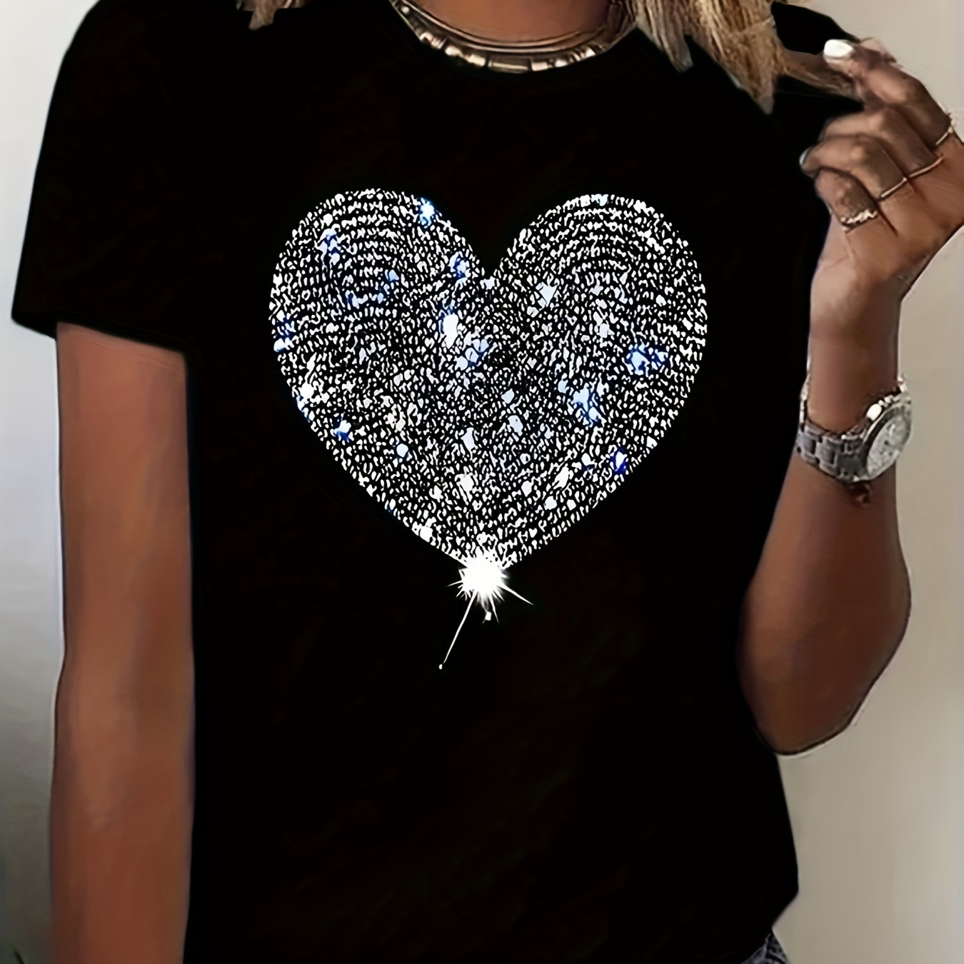 

Heart Neck T-shirt, Short Sleeve Casual Top For Summer & Spring, Women's Clothing