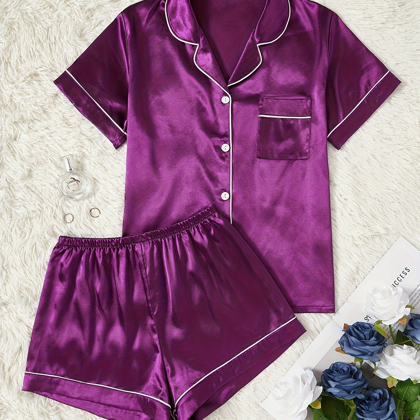 

Women' Satin Casual Pajama Set, Short Sleeve Buttons Lapel Top & Shorts, Comfortable Relaxed Fit