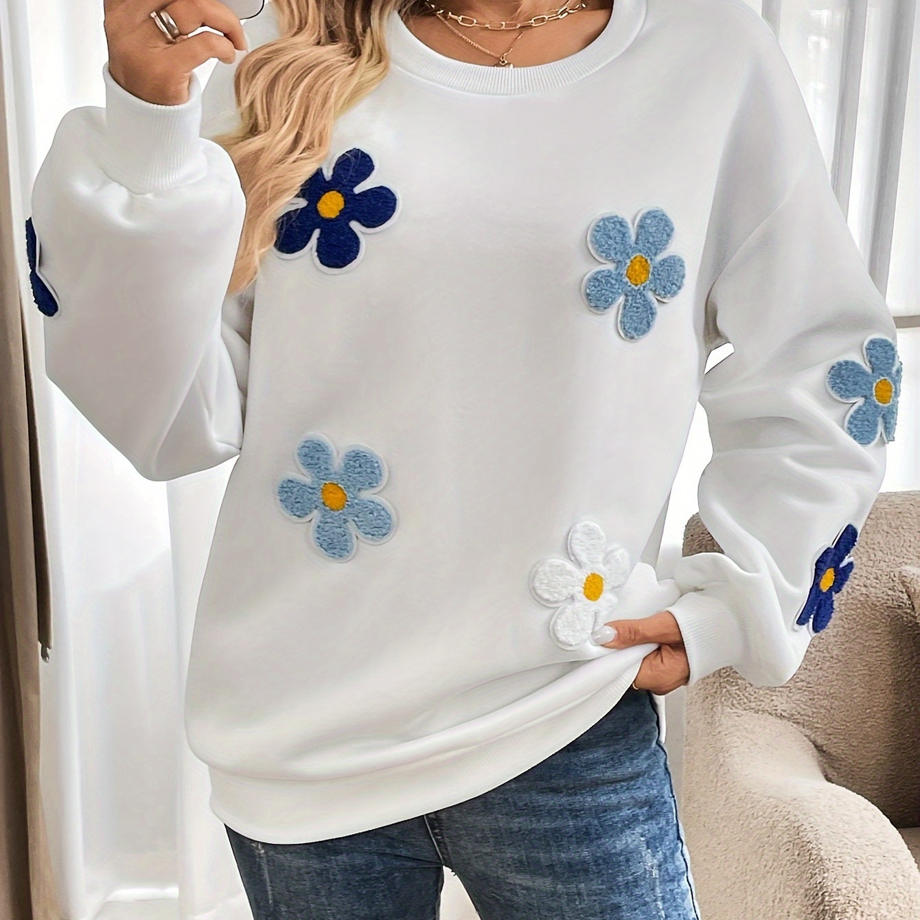 

Elegant Floral Print Women's Pullover Sweater - Cozy Polyester , Machine Washable, Fall/winter