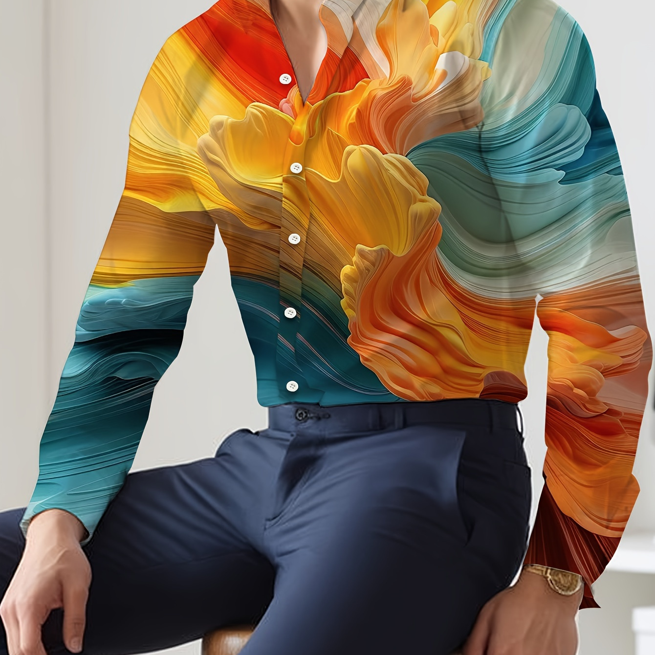 

Stylish Floral Print Long Sleeve Shirt - Casual Polyester , With Lapel Collar, Non-transparent - Spring & Fall