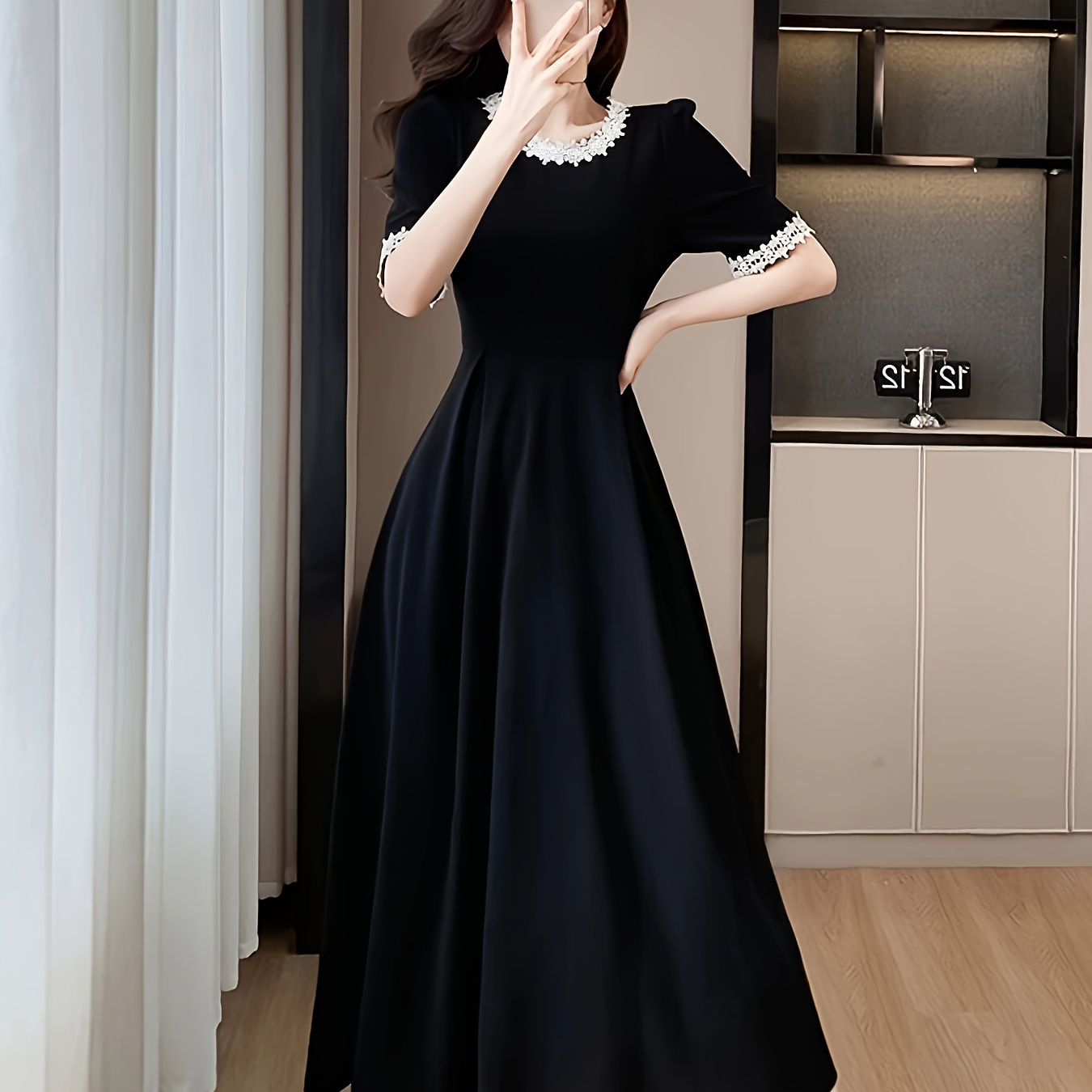 

Elegant Crew Neck A-line Dress, Polyester Solid Color, Woven Adult Dress With Applique Detail For Spring/summer/fall