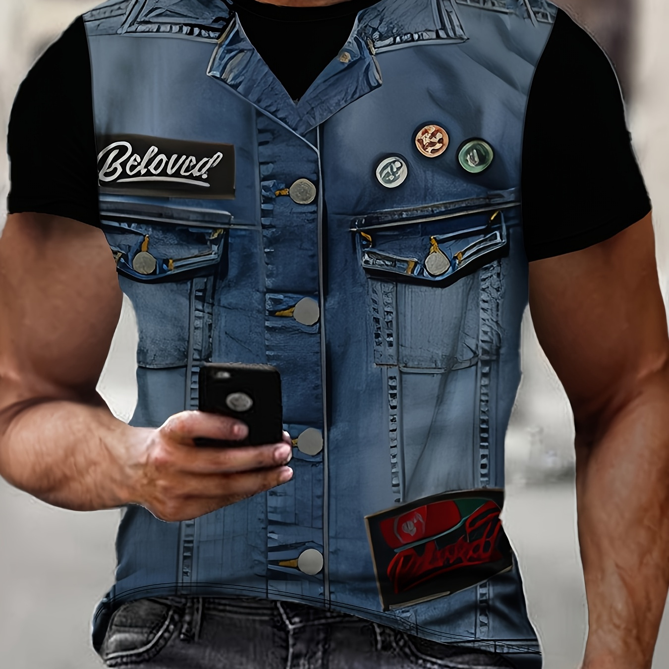 

Men's Summer Casual Fashion Tee - Denim Vest- Print Short Sleeve T-shirt, Lightweight Polyester, Round Neck, Non-transparent With Pocket & Button