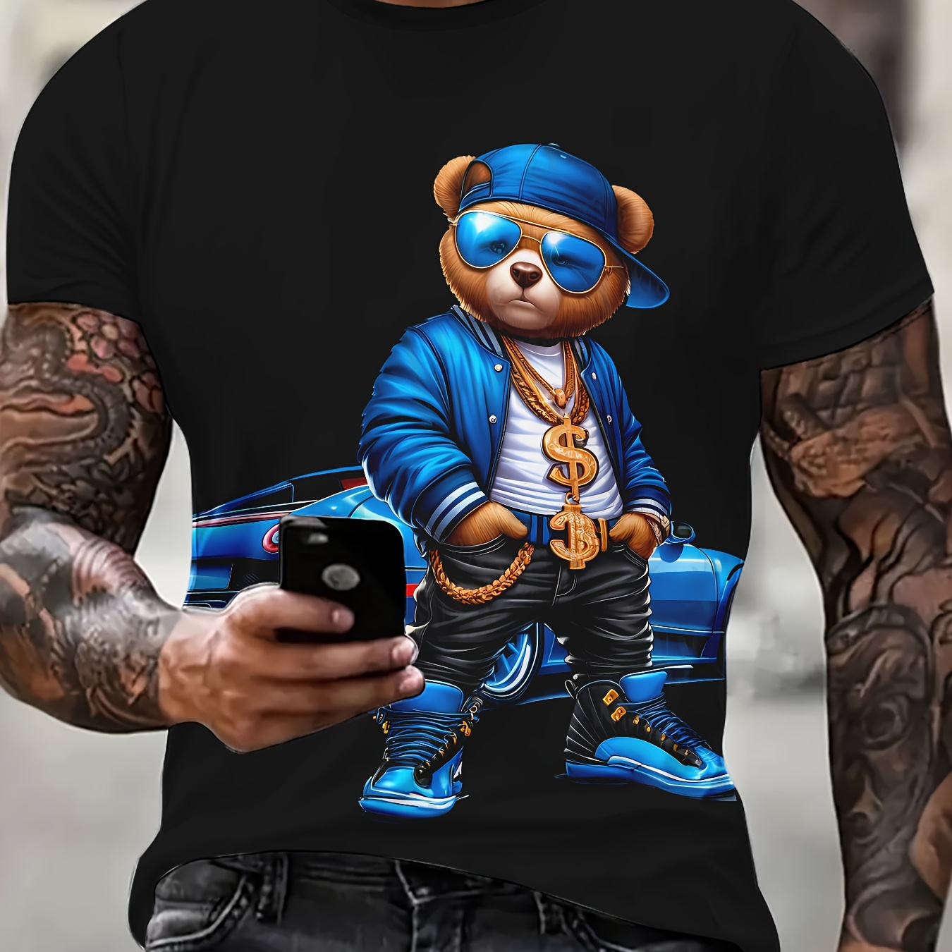 

Men's Novelty T-shirt - Cool Bear Printed Casual Crew Neck - Relaxed Fit Short Sleeve - Cartoon Graphic Tee - Polyester Fabric - Easy Care