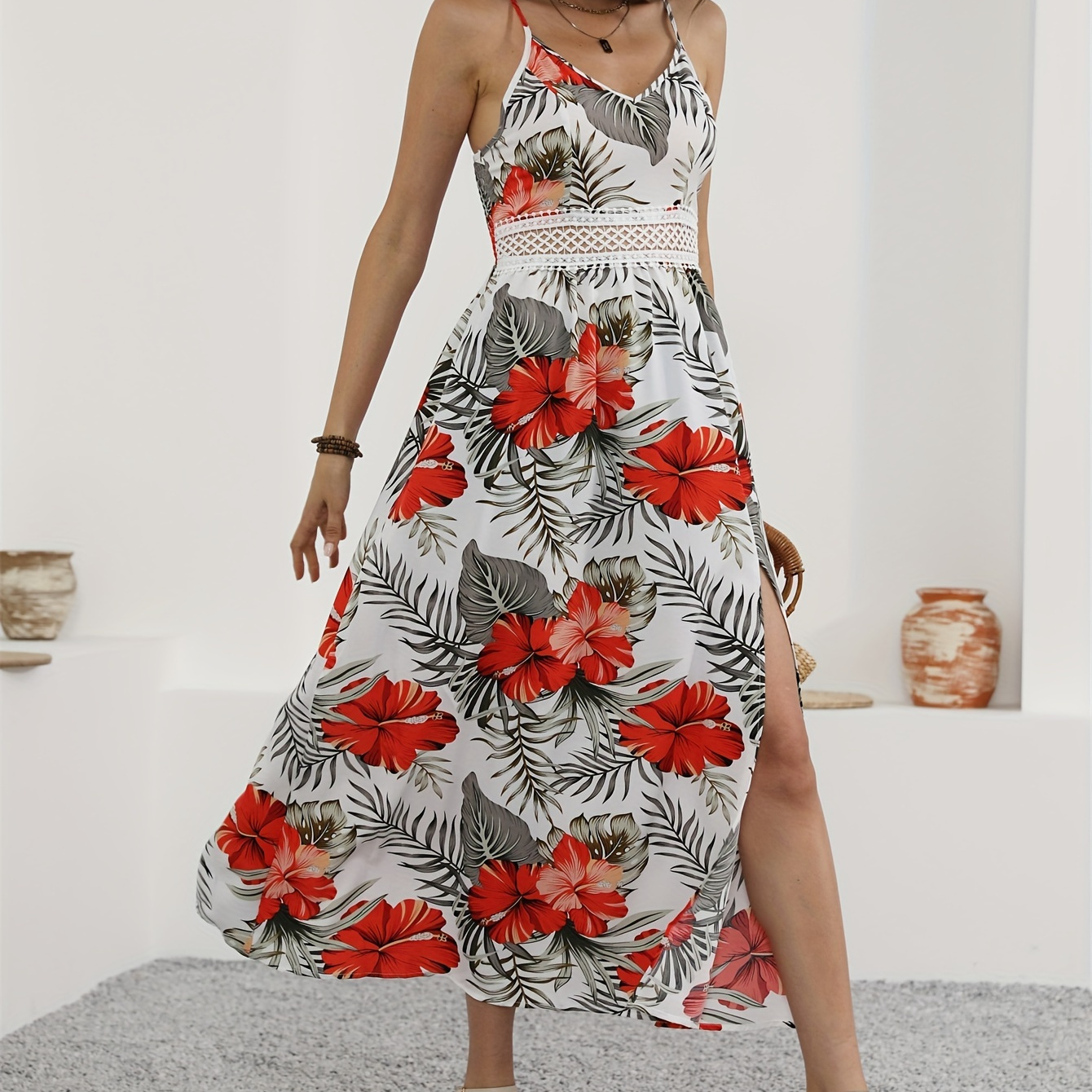 

Floral Print Split Hem Cami Dress, Vacation Spaghetti Strap Sleeveless V Neck Contrast Lace Dress, Women's Clothing