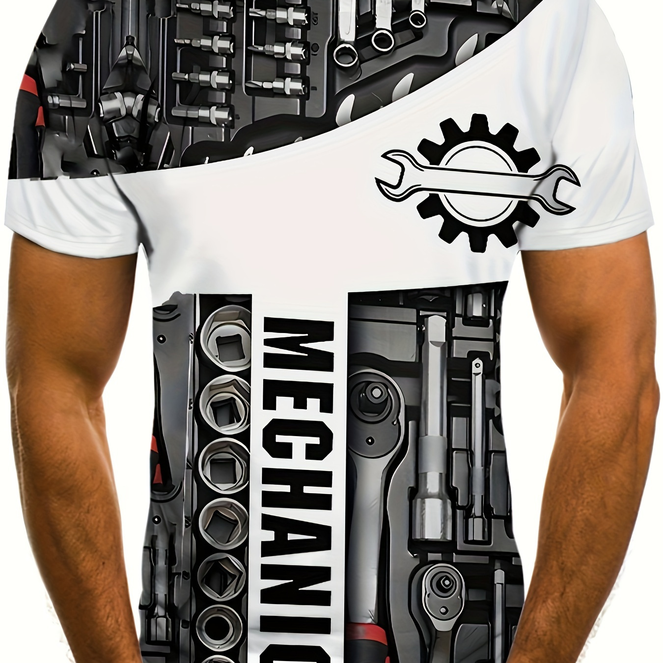 

Machine Repairing 3d Print T-shirt, Men's Casual Street Style Slightly Stretch Round Neck Tee Shirt For Summer