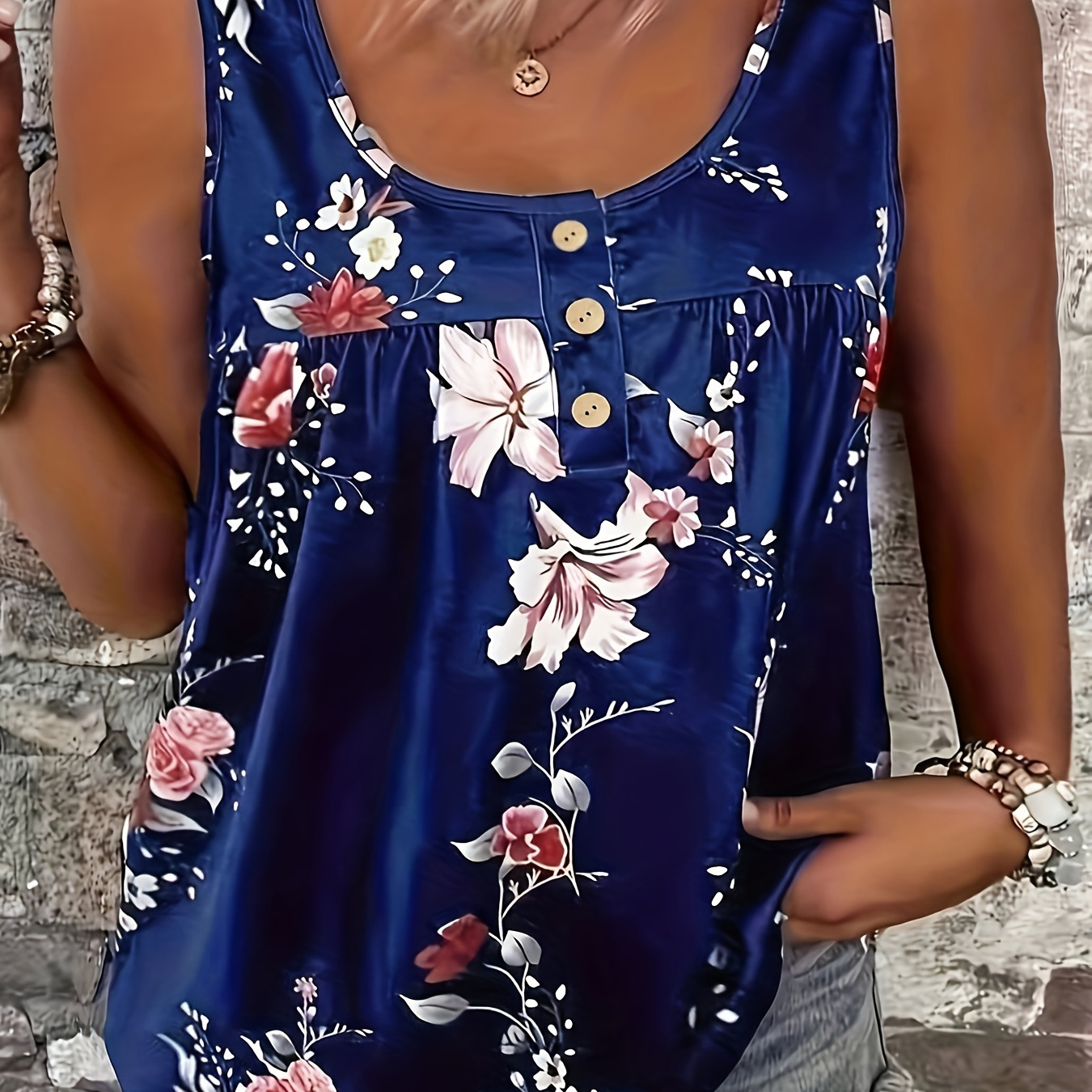 

Plus Size Floral Print Tank Top, Casual Crew Neck Sleeveless Tank Top For Summer, Women's Plus Size clothing