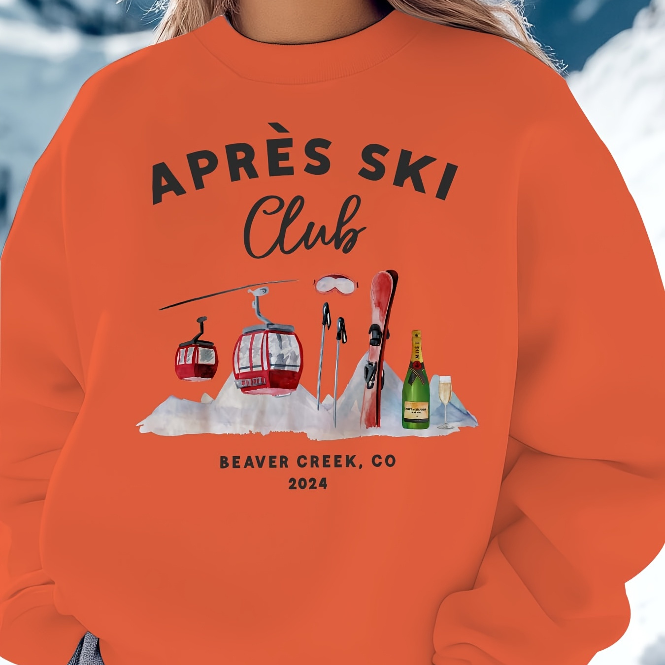 

[1pc Customizable Après Ski Sweatshirt] Customizable Après Ski Club Graphic Crew Neck Sweatshirt, Casual Polyester Knit Fabric Pullover, With Alphabet Pattern, For Fall/winter Season