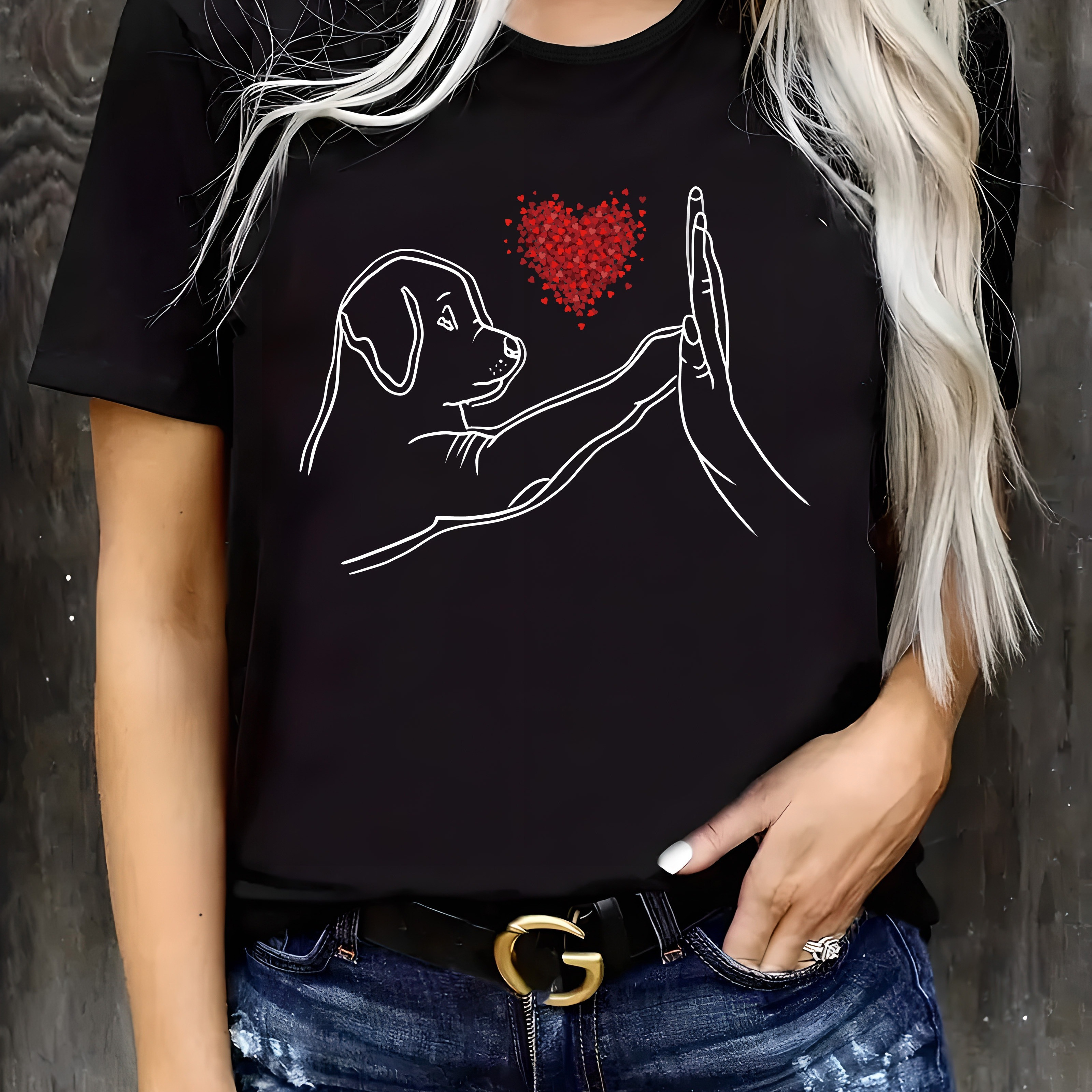 

T-shirt Imprimé Graphique Cœur & Chien, Haut Décontracté À Manches Courtes Et Col Rond Pour L'été Et Le Printemps, Vêtements Pour Femmes