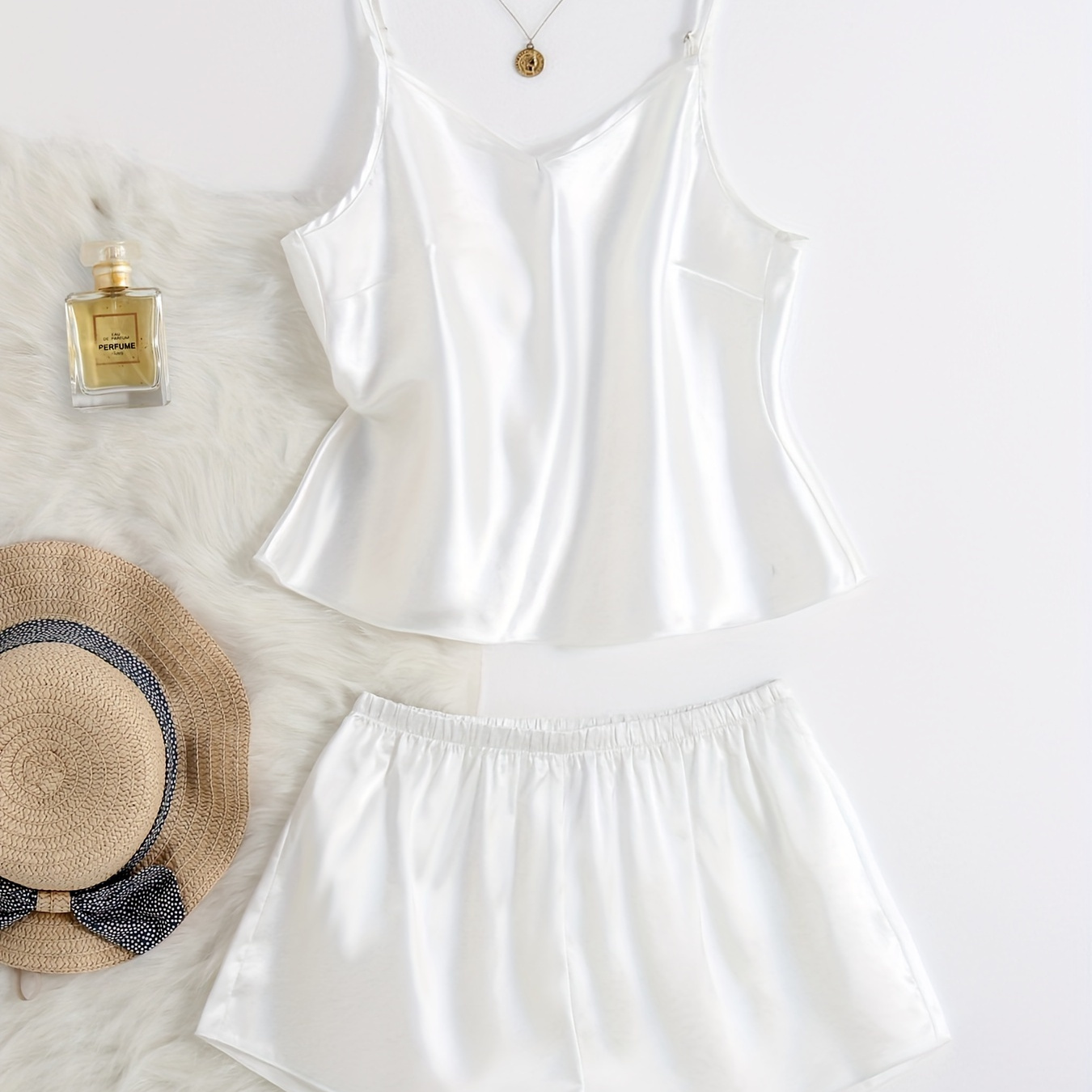 

Women's Solid Elegant Satin Pajama Set, V Neck Backless Crop Cami Top & Shorts, Comfortable Relaxed Fit, Summer Nightwear