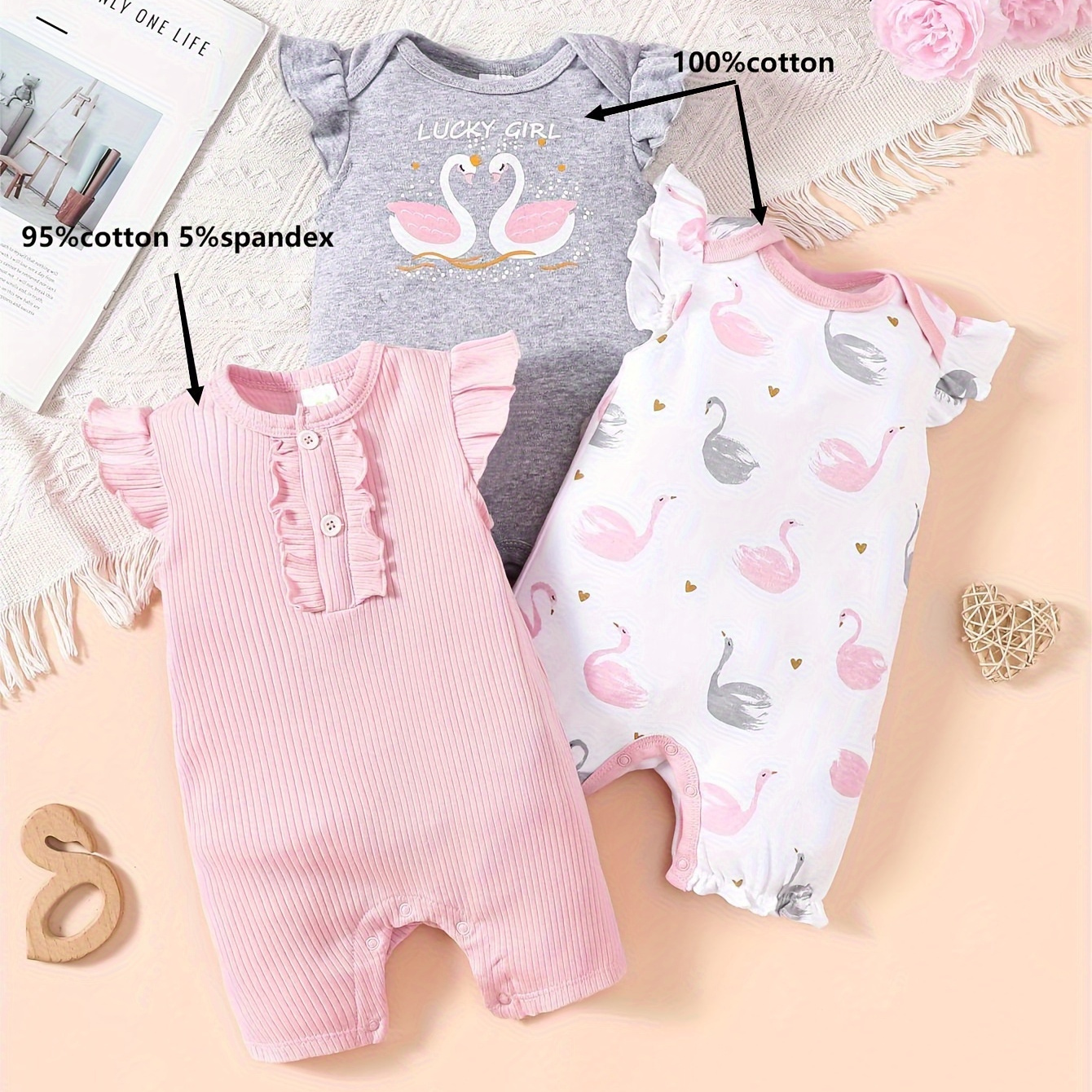 

3pcs Baby's Comfy Cotton Bodysuit Set, Cartoon Swan Pattern & Solid Color Ribbed Cap Sleeve Romper, Toddler & Infant Girl's Onesie For Summer, As Gift