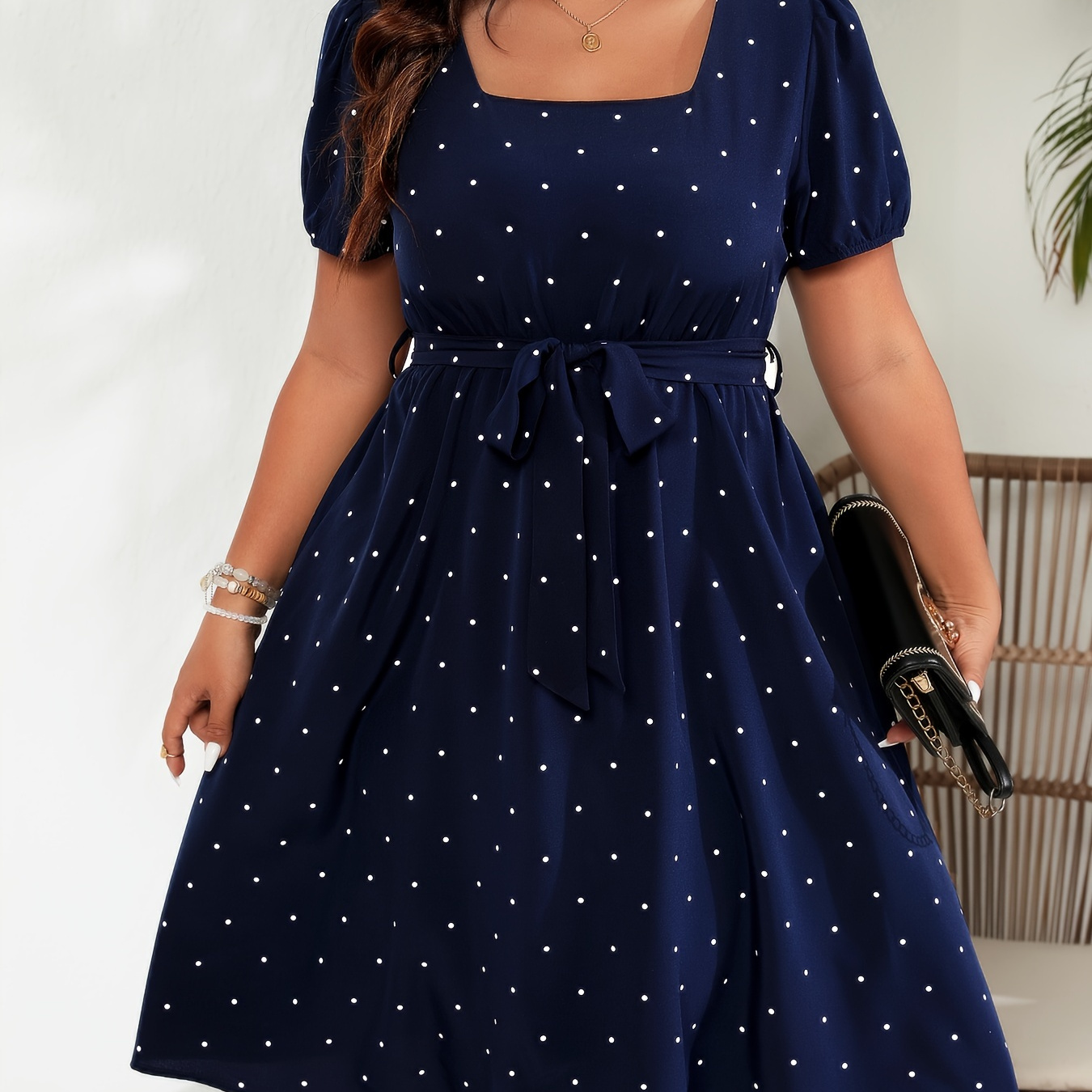 

Plus Size Polka Dot Print Dress, Casual Square Neck Short Sleeve Belted Dress, Women's Plus Size Clothing