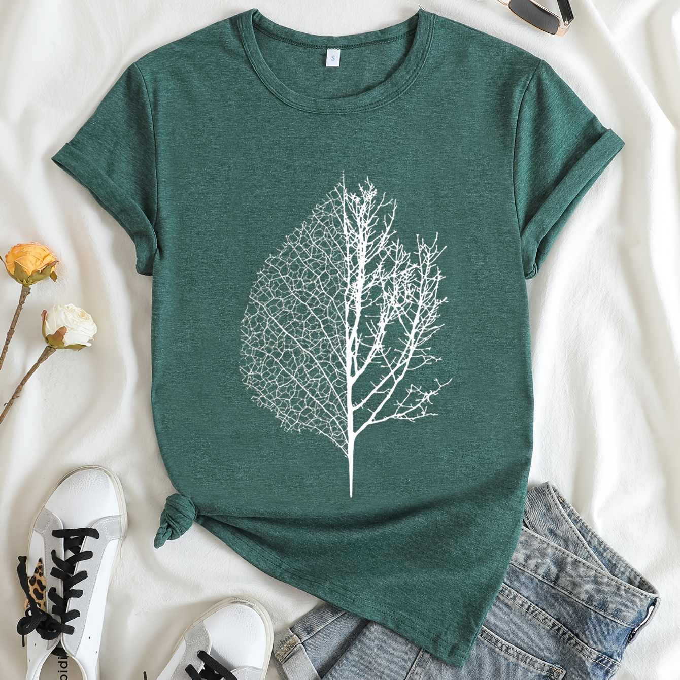 

Tree Print T-shirt, Short Sleeve Crew Neck Casual Top For Summer & Spring, Women's Clothing