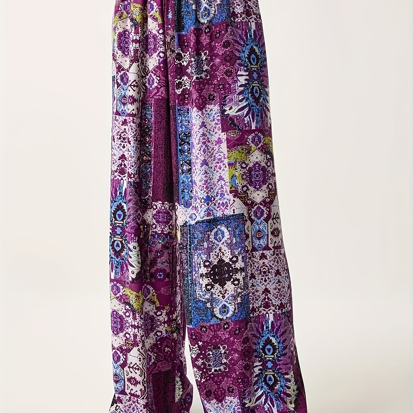 

Women's Tribal Print Wide Leg Pants, Polyester Blend, Vintage Style, Casual Fashion, Plus Size, Knit Fabric, , Medium Stretch, 200g/m² Weight