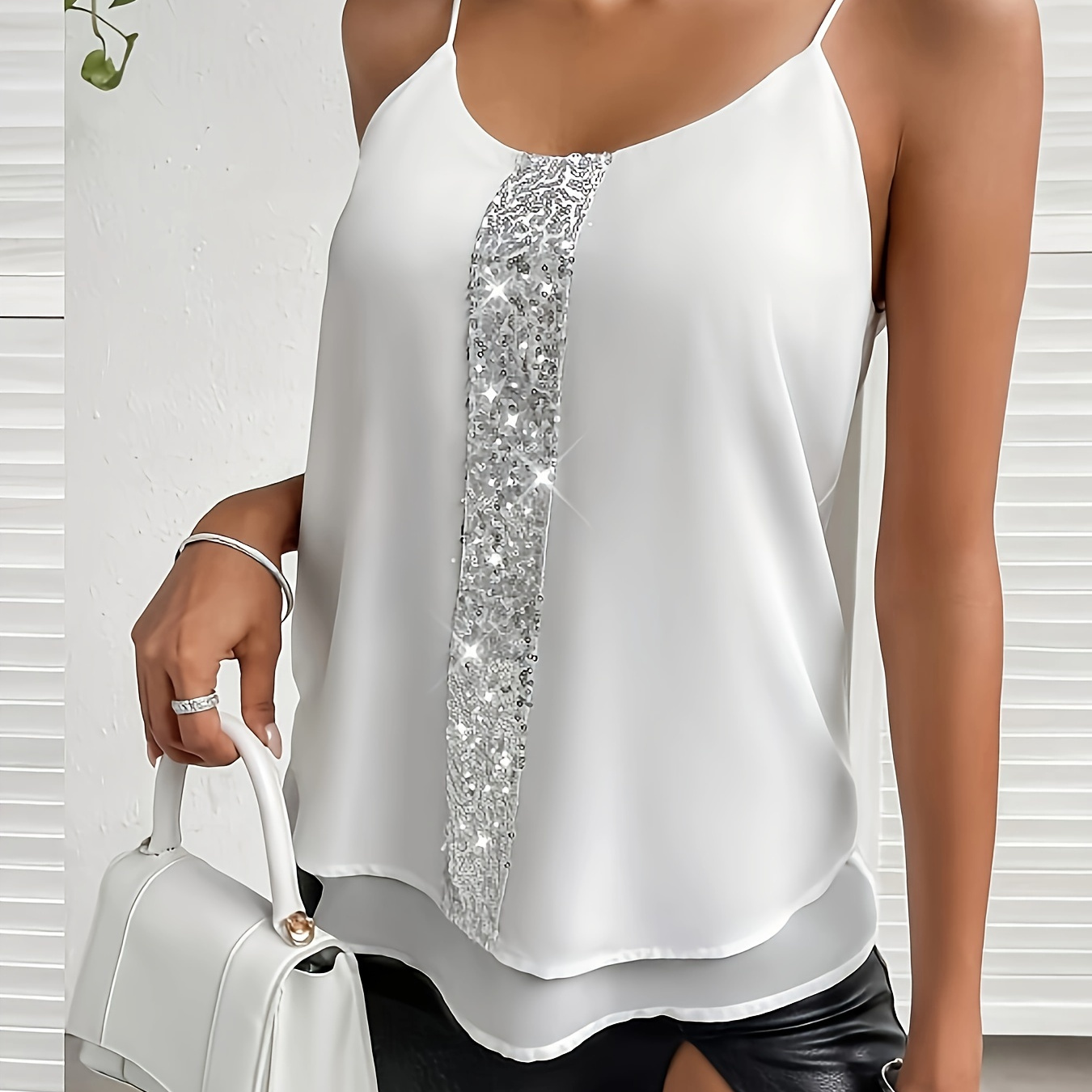 

Plus Size Sequin Stitching Cami Top, Crew Neck Spaghetti Strap Sleeveless Top For Summer, Women's Plus Size clothing
