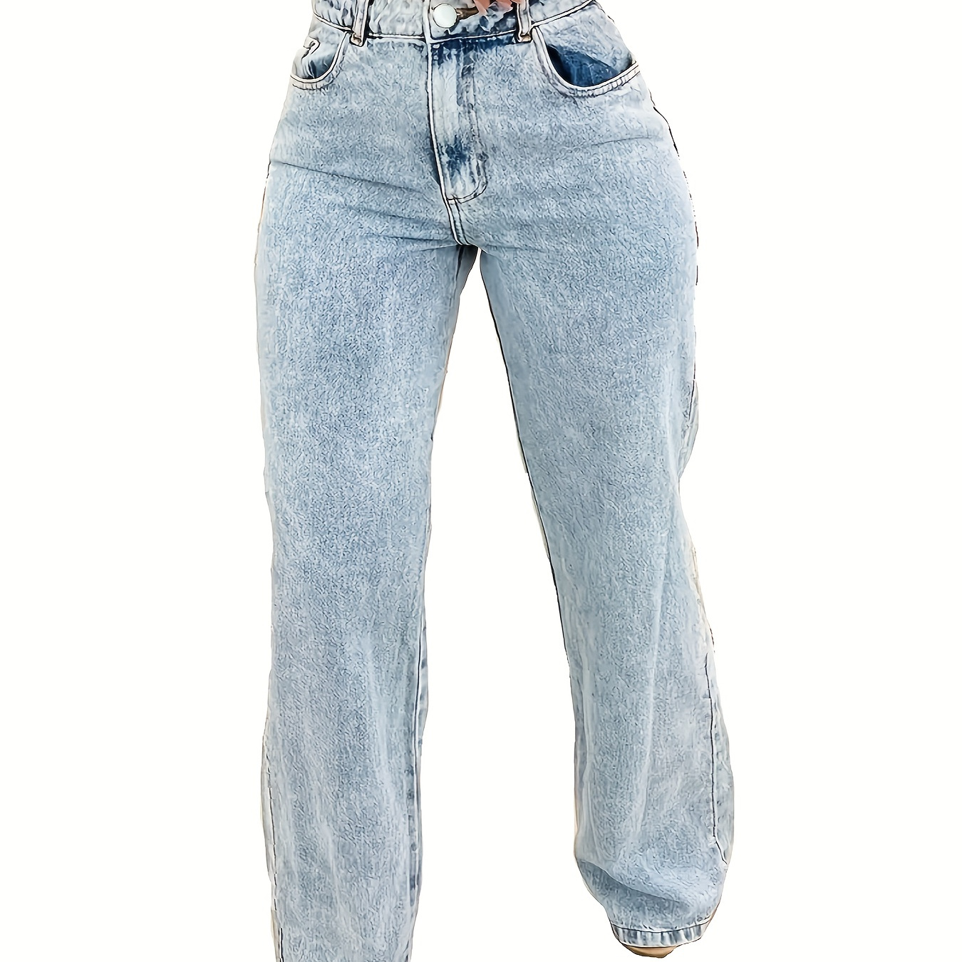 

Women's High Waist Street Style Jeans, Light Blue Washed Straight-leg Denim Pants, Stretchy Casual Full Length Trousers