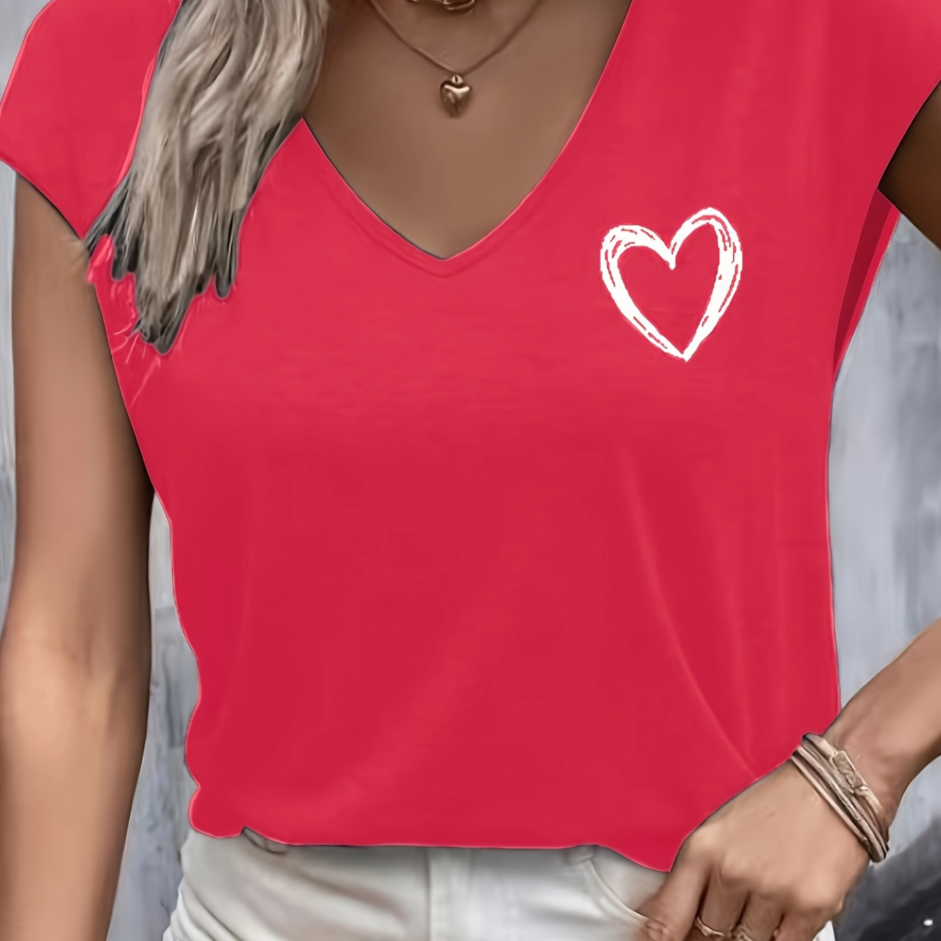 

Heart Print V-neck T-shirt, Casual Cap Sleeve For , Women's Clothing