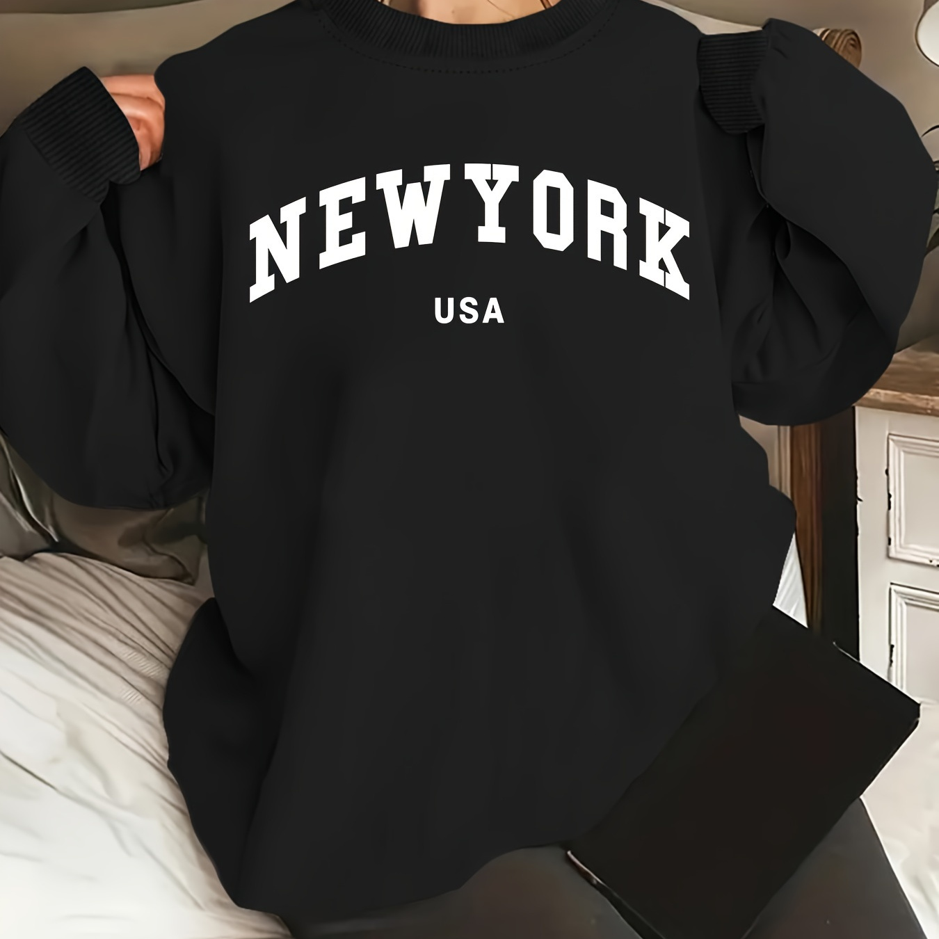 

New York Letter Graphic Crew Neck Pullover Sweatshirt, Long Sleeve Casual Sports Sweatshirt, Women's Clothing