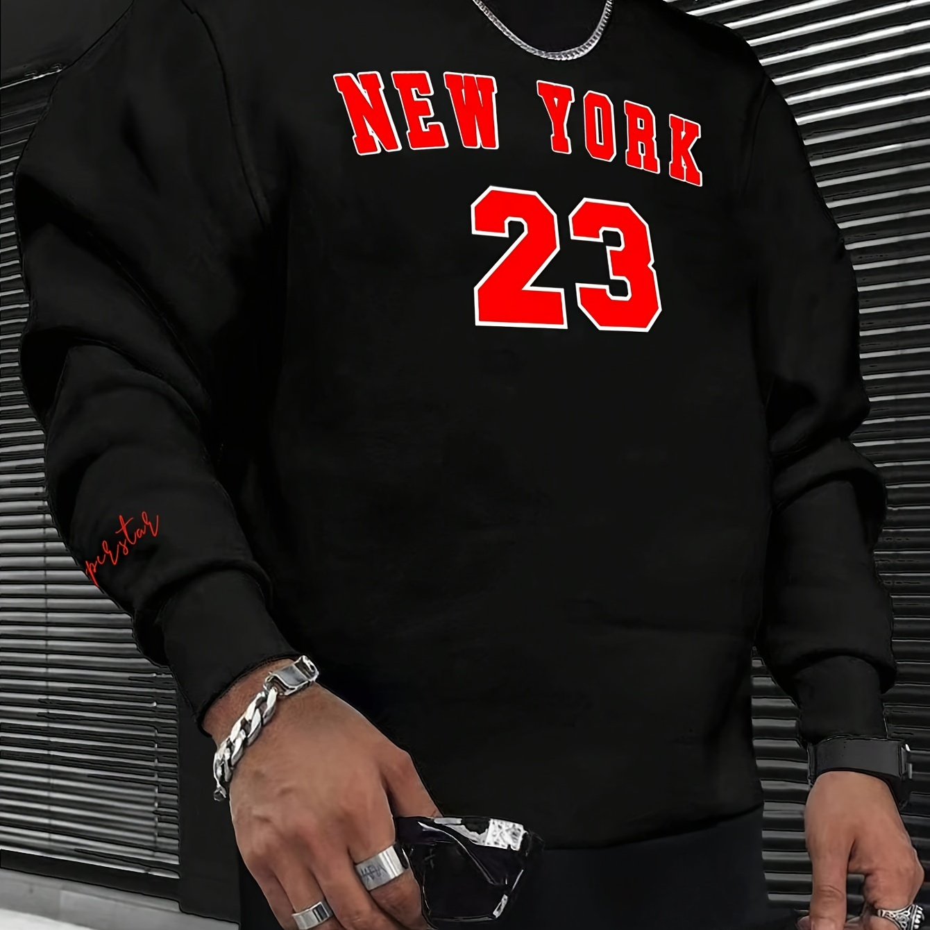 

New York 23 Print Fashionable Men's Casual Long Sleeve Crew Neck Pullover Sweatshirt, Suitable For Outdoor Sports, For Autumn Spring, Can Be Paired With Hip-hop Necklace, As Gifts