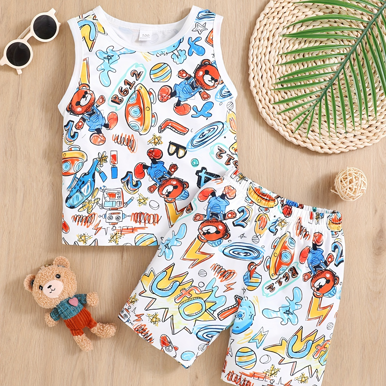 

Toddler Boys Girls Sleeveless Cartoon Print Shirt Tank Tops Vest Shorts Set Outfits Homewear Summer