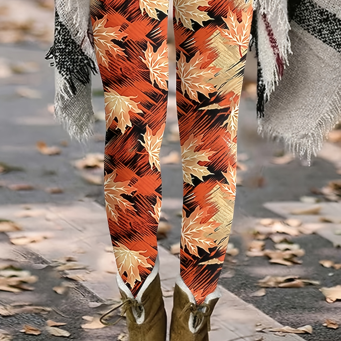 

Maple Leaf Print Skinny Leggings, Casual High Waist Stretchy Leggings, Women's Clothing