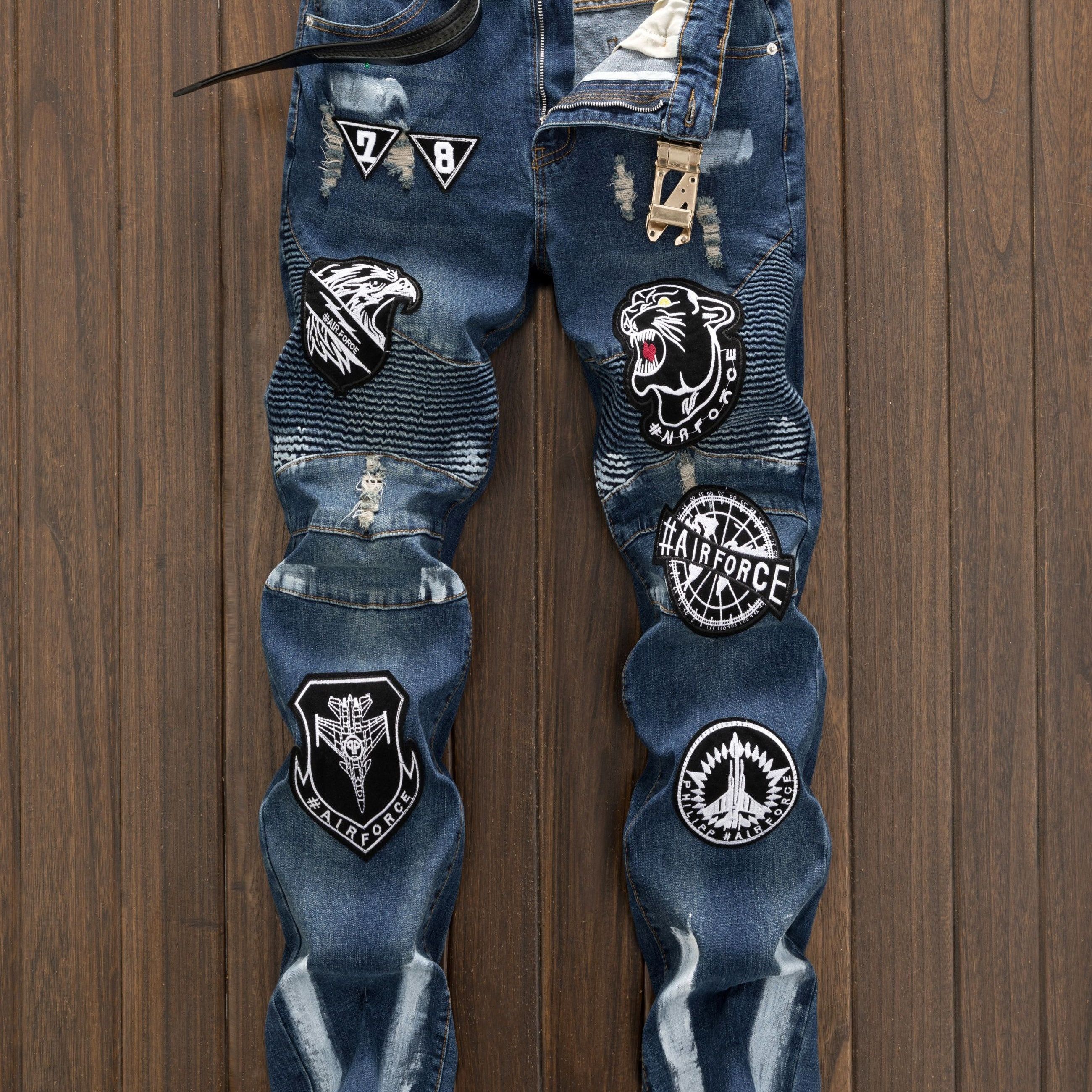 

Men's Retro Distressed Straight-leg Stretch Jeans With Animal & Plane Pattern Patches, Fashion Denim Pants, Street Style Barrel Jeans