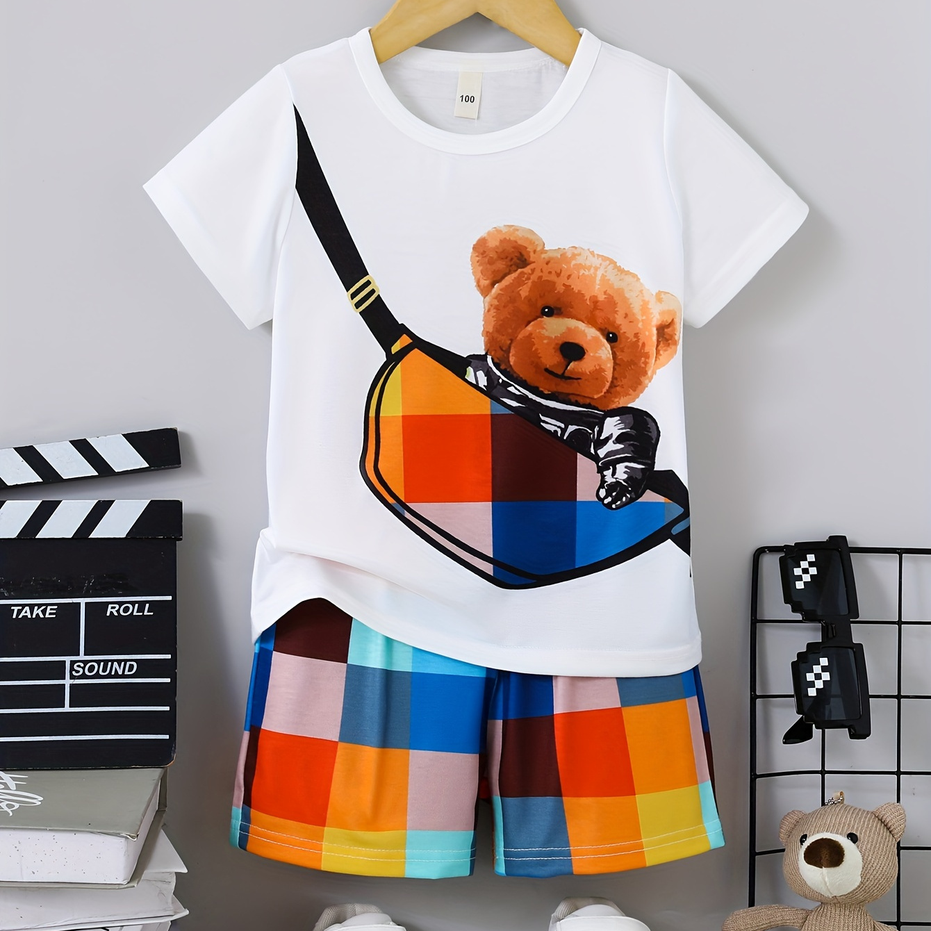 

2pcs Boys Casual Bag And Bear Graphic Print Short Sleeve T-shirt & Plaid Shorts Set, Comfy Summer Boys Clothes