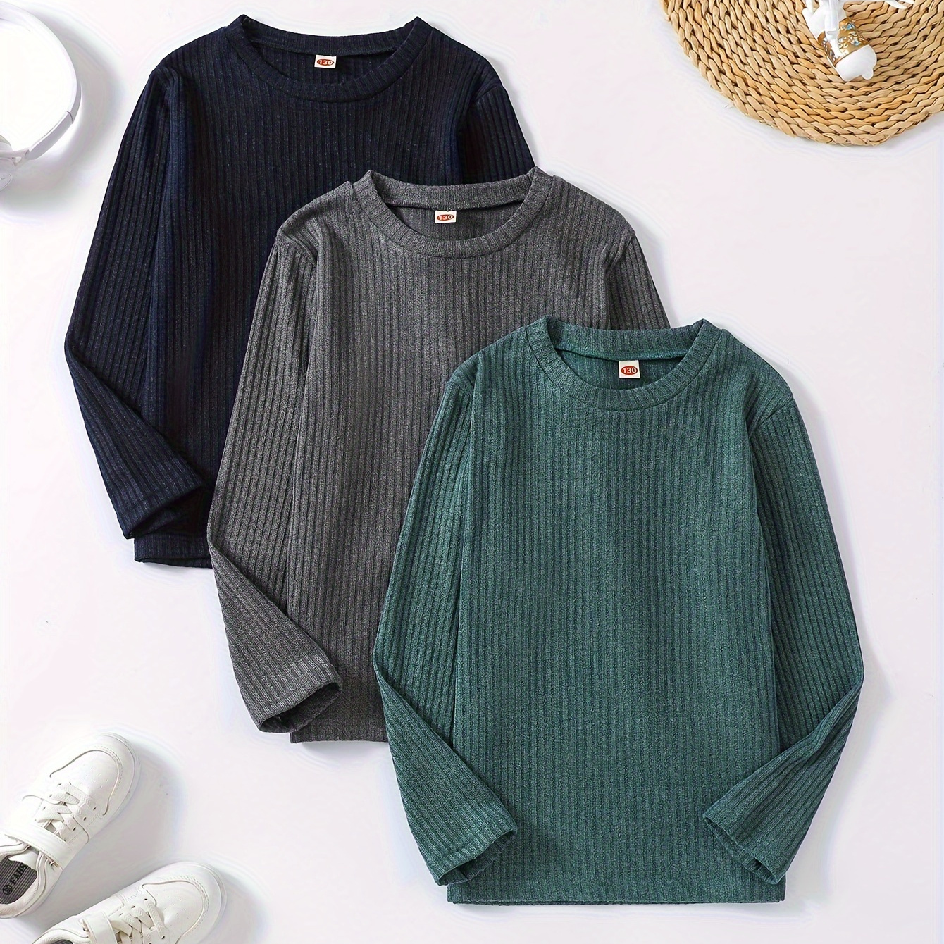 

3pcs Boys' Solid Color Ribbed Long Sleeve T-shirts - Casual & Comfortable, Stretchy Polyester , Round Neck, Machine Washable For Spring/fall