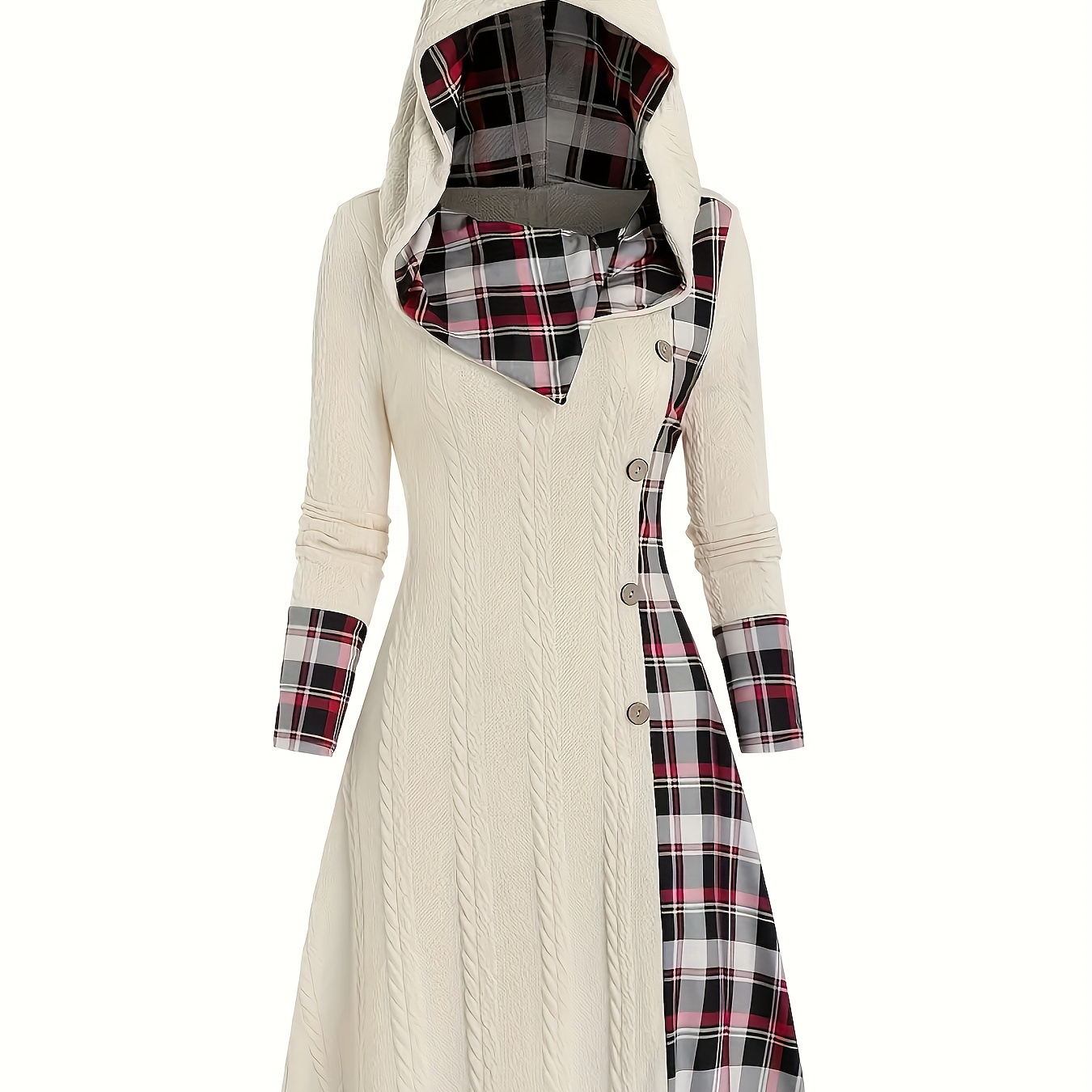 

Women's Casual Hooded Knit Dress - Long Sleeve, A-line, Knee-length With Button Detail And Stretchy Fabric, Machine Washable