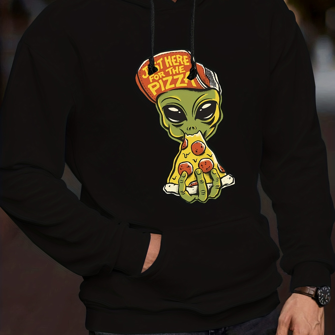 

'alien & Pizza' Print Hoodie, Cool Hoodies For Men, Men's Casual Graphic Design Pullover Hooded Sweatshirt With Kangaroo Pocket Streetwear For Winter Fall, As Gifts