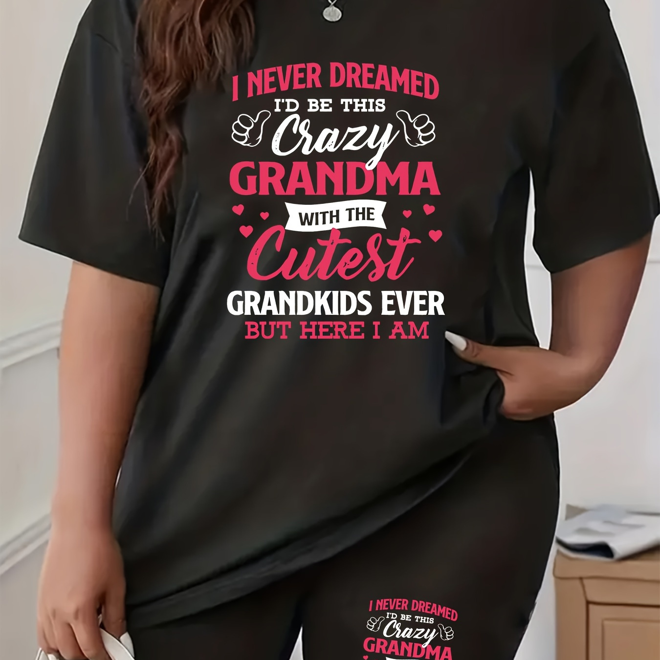 

Plus Size Letter Print 2 Piece Set, Short Sleeve T-shirt & Shorts, Women's Plus Size Clothing