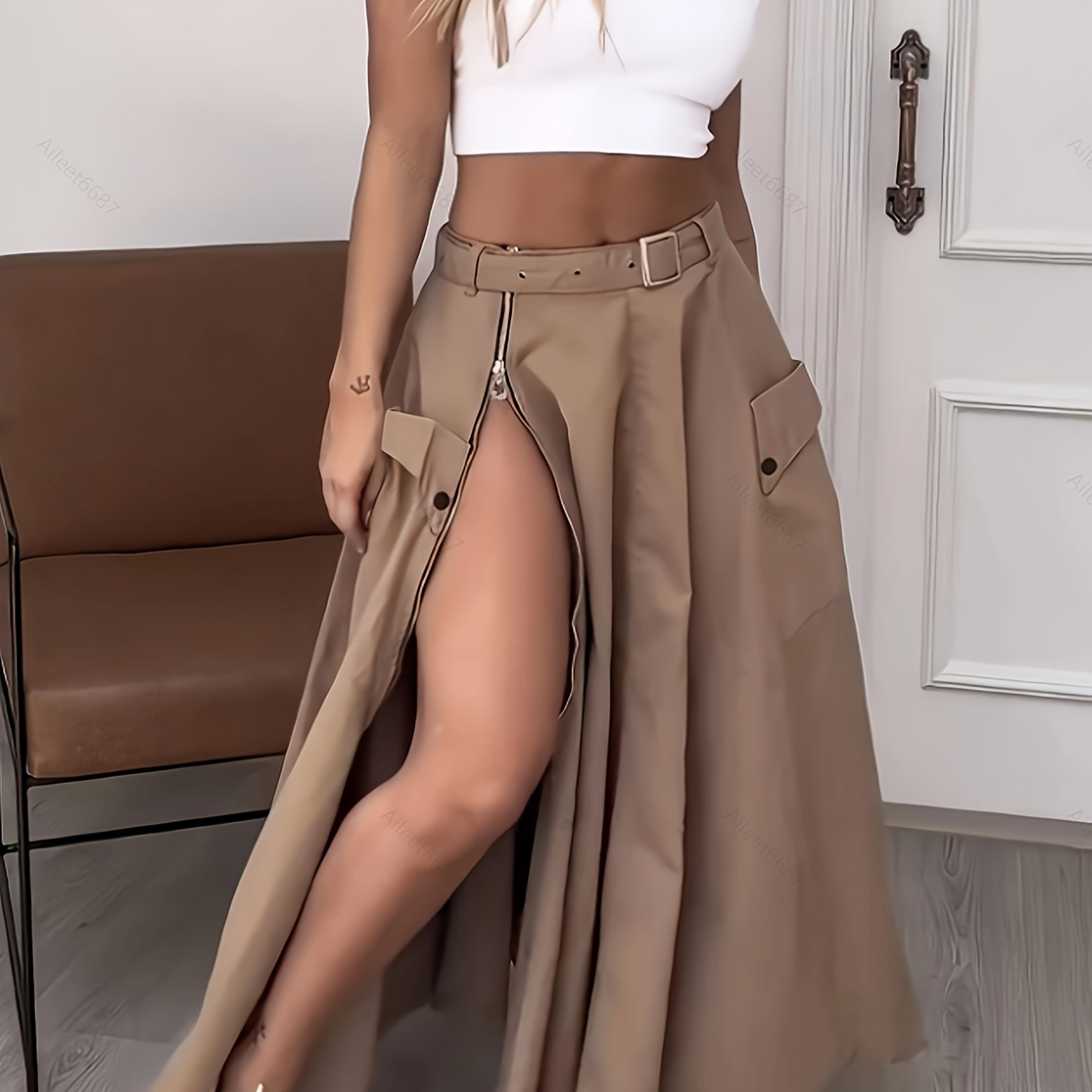 

Zip Design High Waist Skirt, Casual Solid Color Belted Split Skirt For Spring & Summer, Women's Clothing