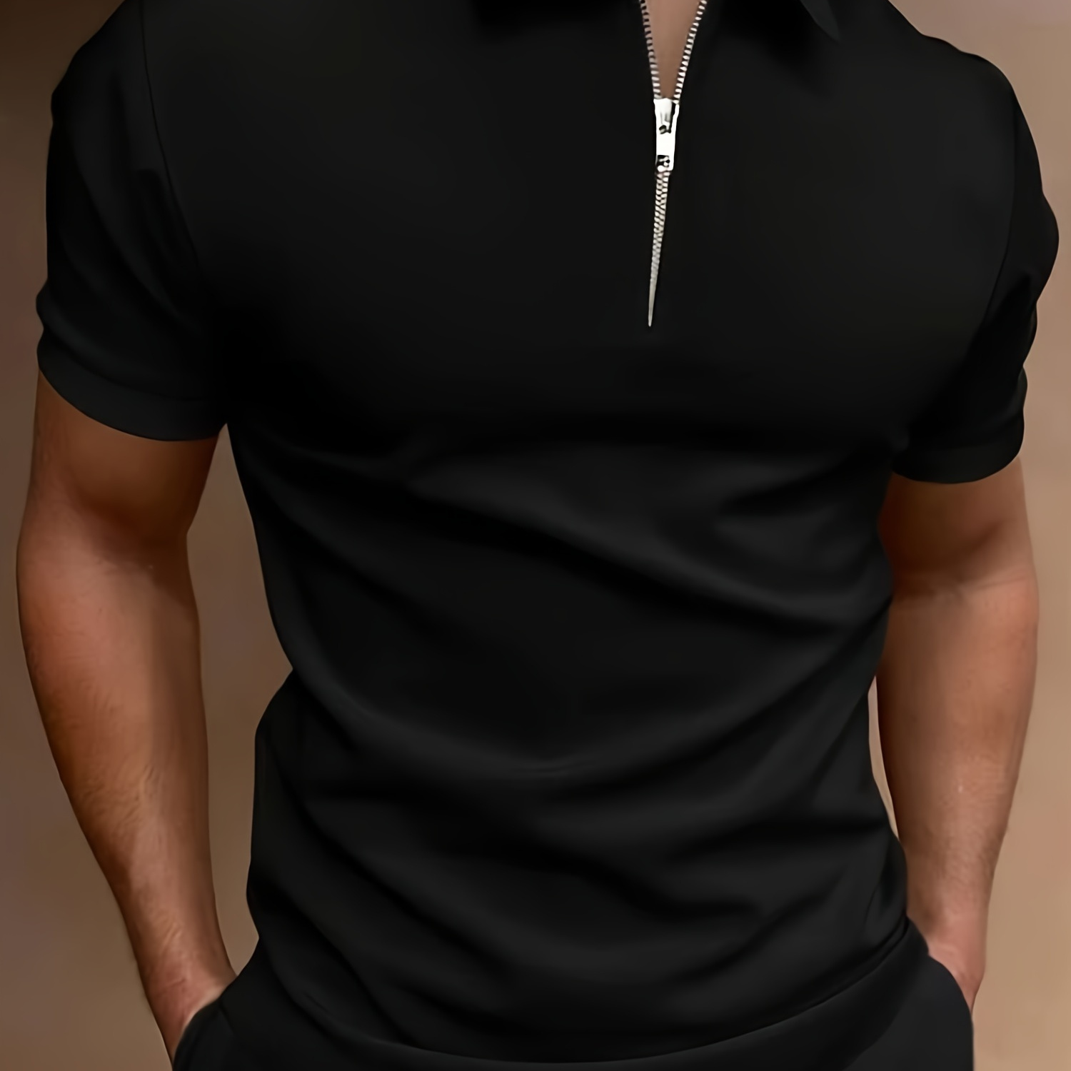 

Casual Stretch Men's Solid Color Zipper Lapel Golf Shirt, Male Summer Streetwear