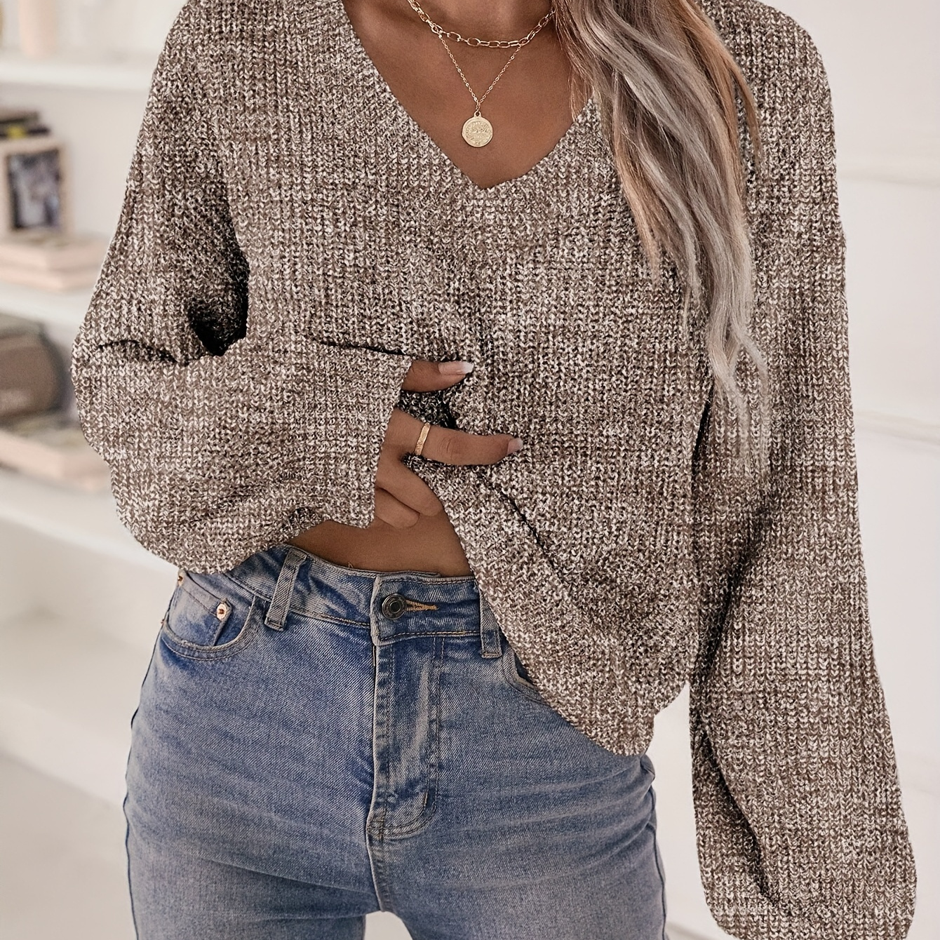 

Solid Color V Neck Sweater, Long Sleeve Sweater For Fall & Winter, Women's Clothing