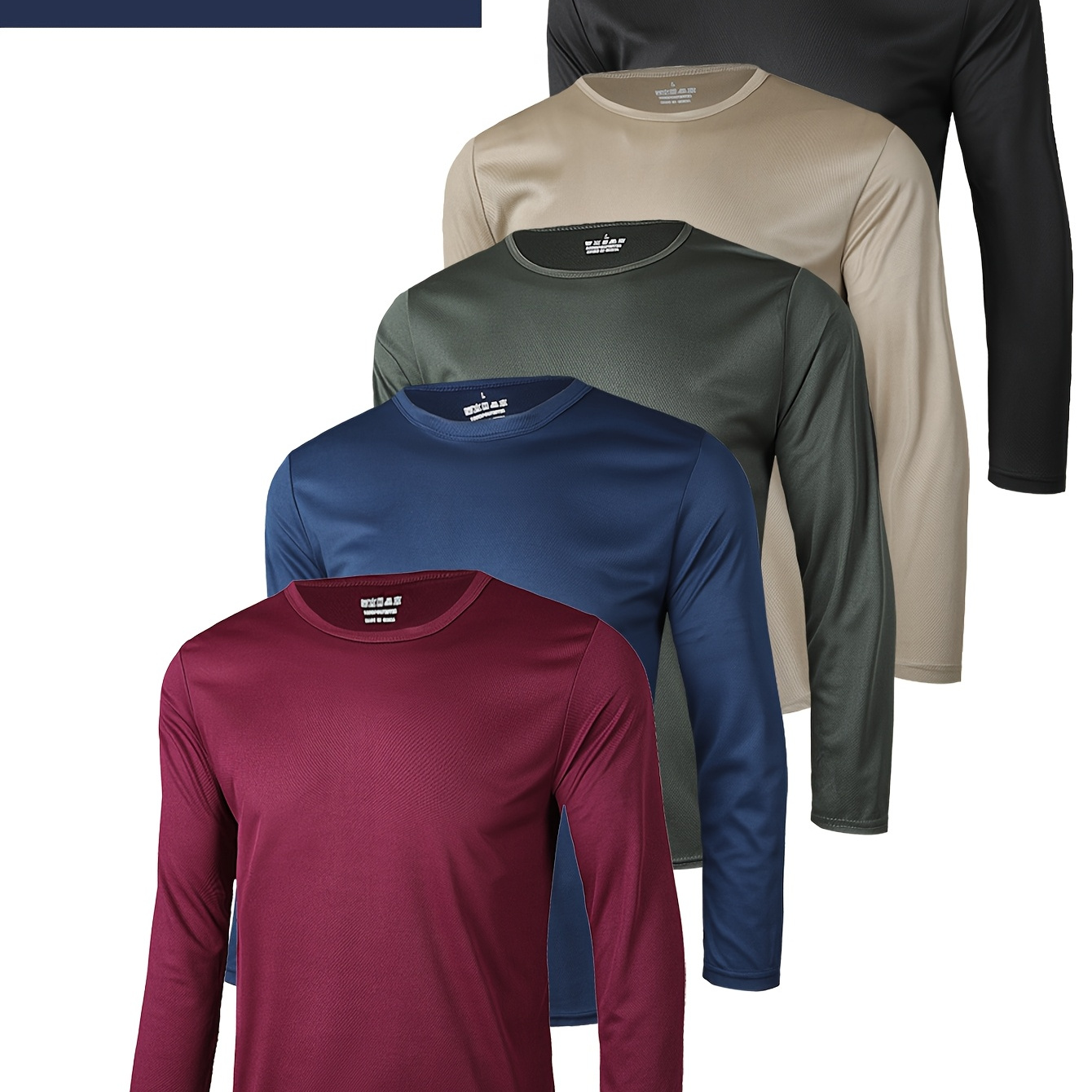 

5-pack Men's Breathable Long Sleeve T-shirts, Polyester Crew Neck Knit Fabric, Solid Tops For Training, Regular Fit, 150gsm - Low Colors, Sweat-resistant