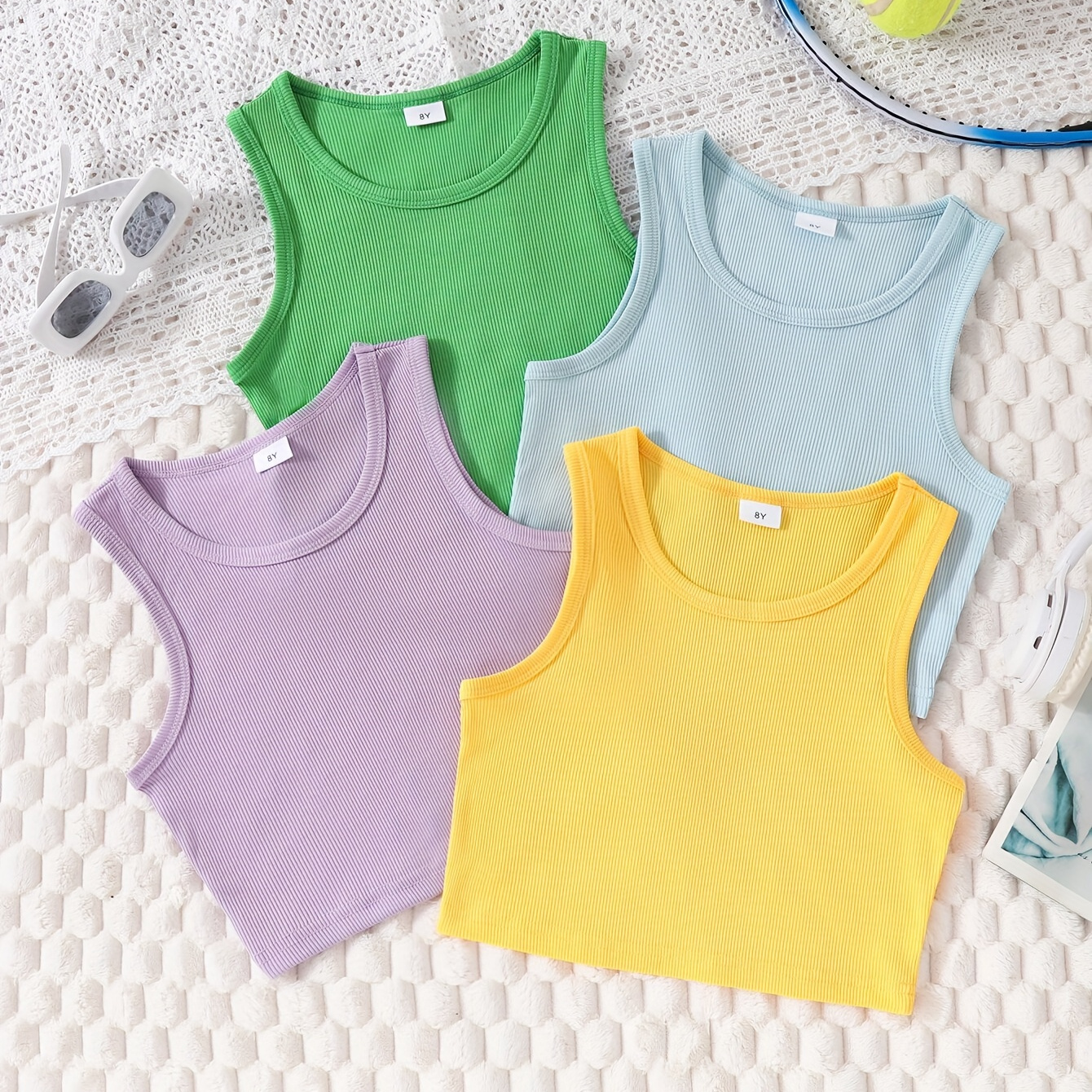 

4-pack Girl's Sleeveless Athletic Tank Tops, Soft Fabric, Casual Summer Outfits