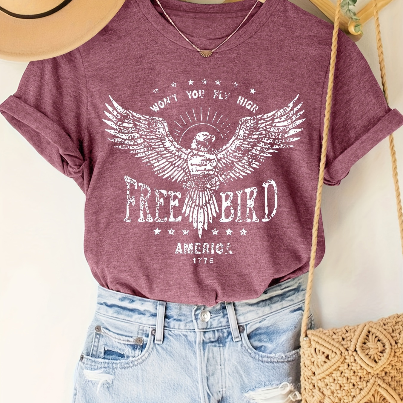 

Free Bird Print Crew Neck T-shirt, Casual Short Sleeve T-shirt For Spring & Summer, Women's Clothing