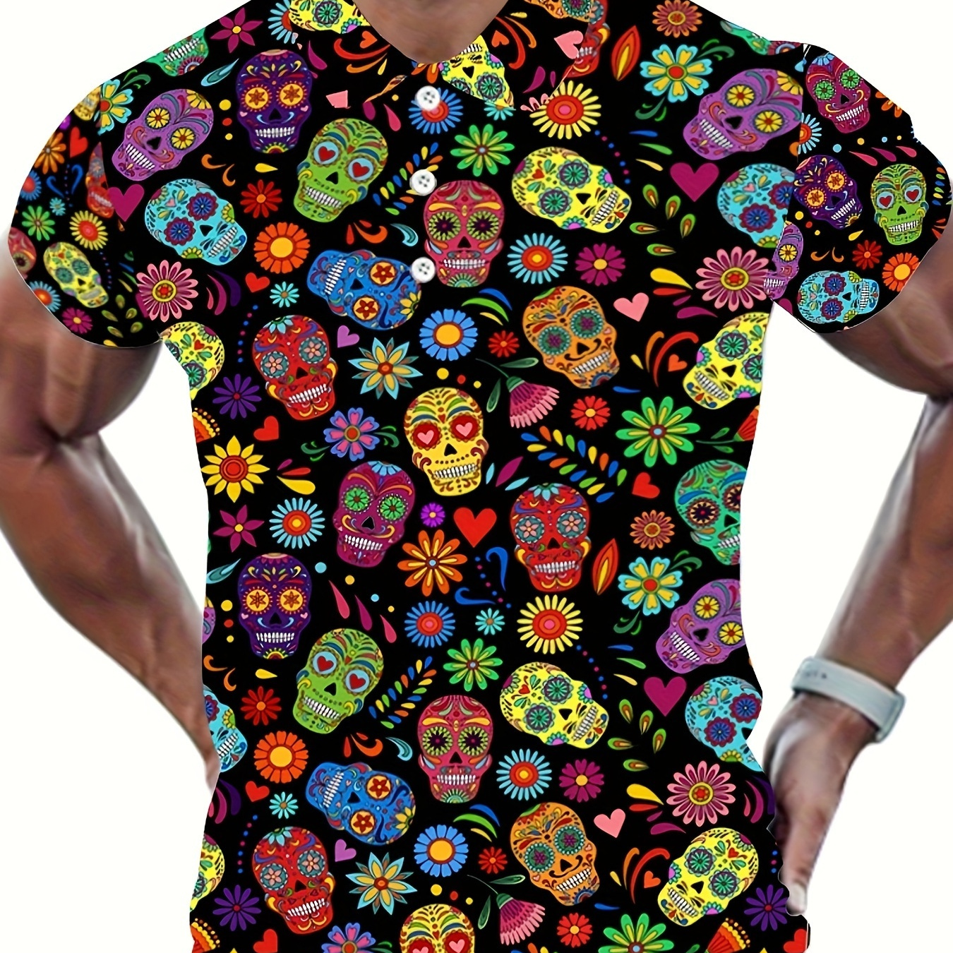 

Men's Skulls Graphic Print Golf Shirt, Casual Short Sleeve Lapel Shirt For Outdoor