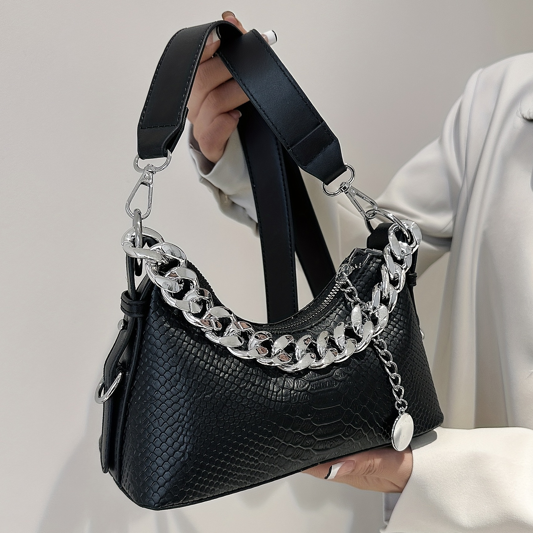 Crocodile Embossed Baguette Bag Trendy Laser Underarm Purse Y2k Shoulder Bag  For Women, High-quality & Affordable