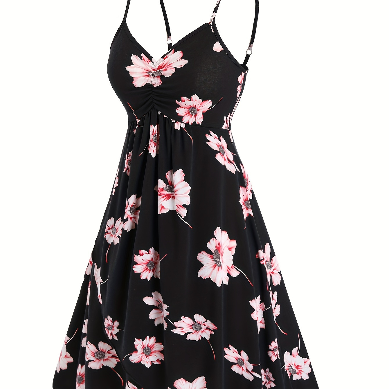 

Floral Print Spaghetti Strap Dress, Casual Ruched Bust Wrap Hem Cami Dress For Spring & Summer, Women's Clothing