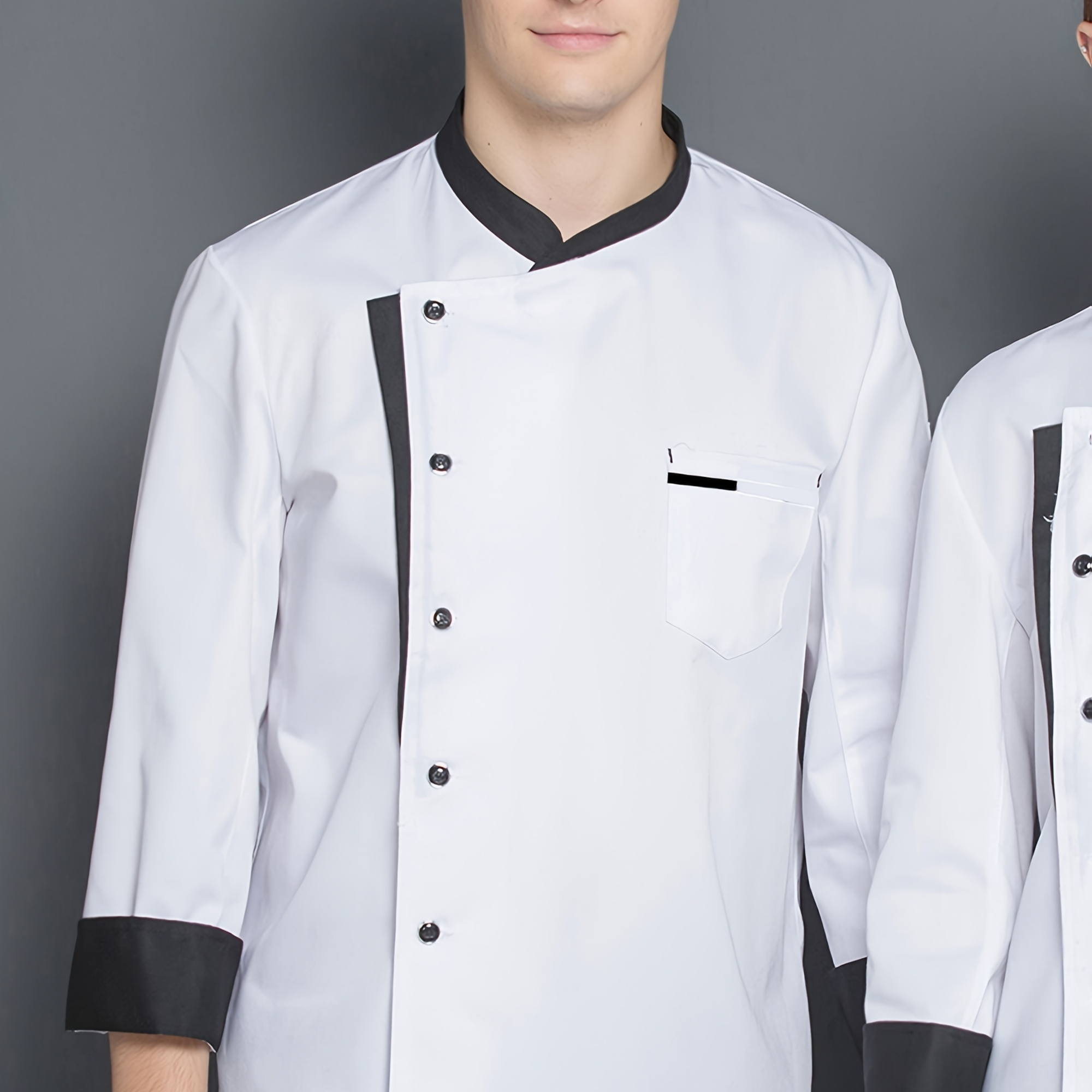 TEMU Men's Chef Coat With Chest Pocket, Formal Color Block Long Sleeve Button Up Stand Collar Coat For Kitchen Baking In Restaurant