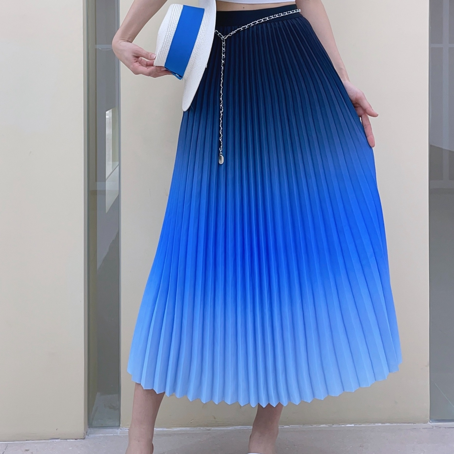 

Ombre Color High Waist Pleated Skirt, Casual A-line Midi Skirt For Spring & Summer, Women's Clothing