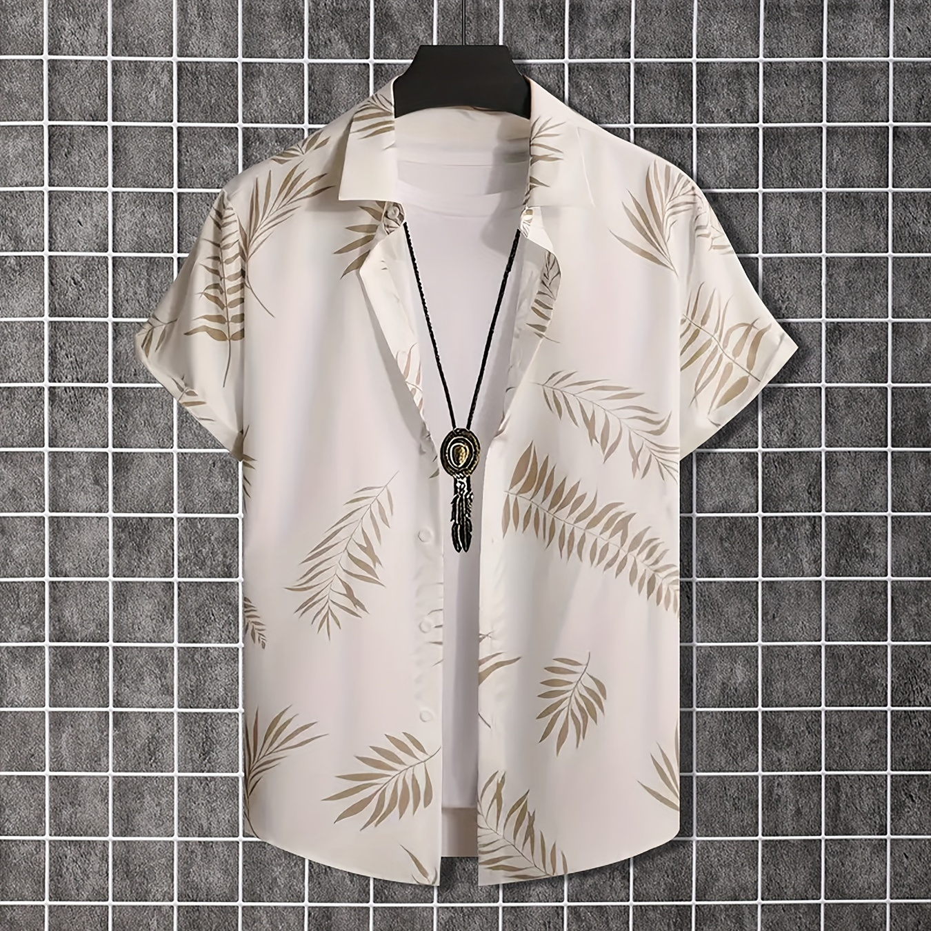 

Men's Short Sleeve Button-up Shirt With Fancy Leaf Pattern Print, Casual Summer Hawaiian Style, Daily Vacation Beachwear For Men