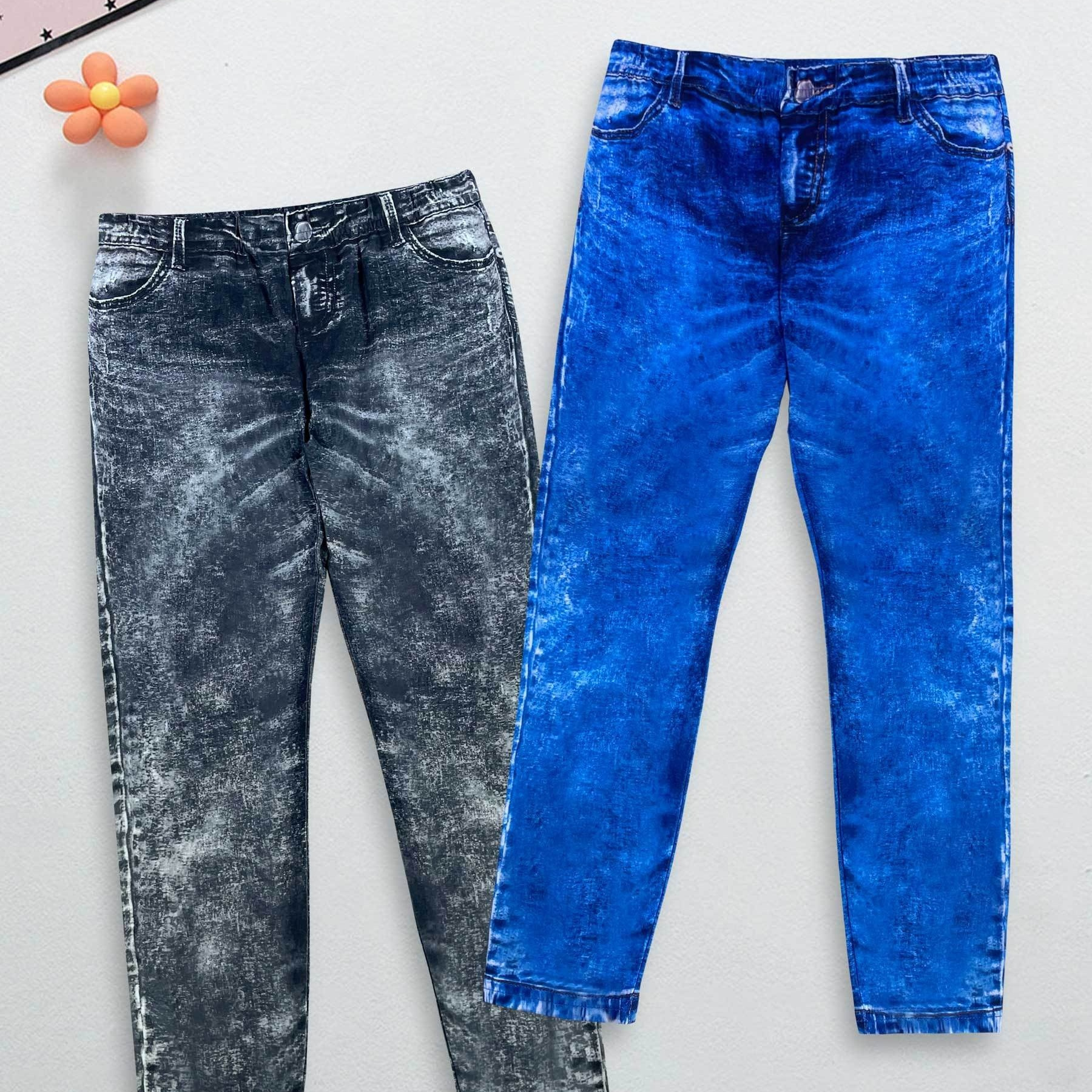 2 Pcs Girls 3D Imitation Denim Print Allover Print Leggings Visual Leggings Skinny Leggings